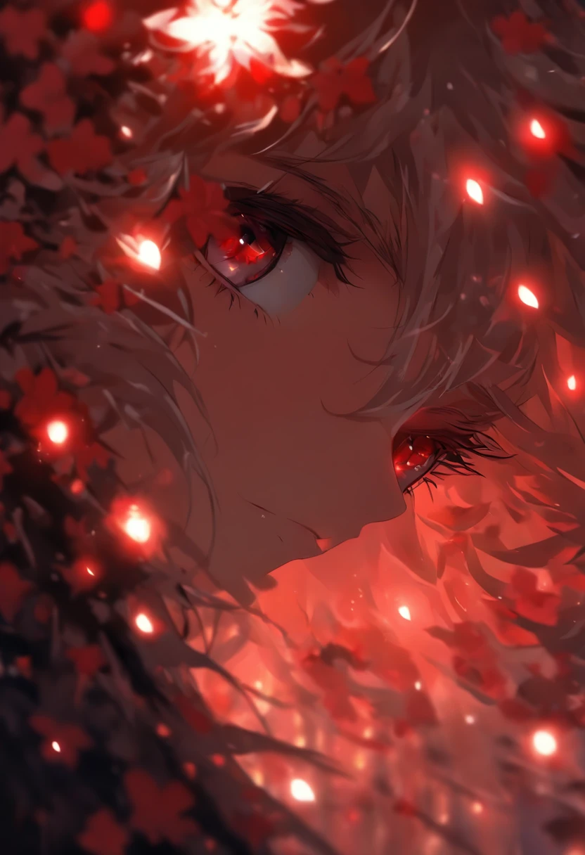 1girl,solo,1girl,solo,((beautiful detailed eyes)), (detailed light),depth of field,(white hair),silver eyes,hair over one eye,(red flower ), hair flower,long hair,black cloak,wet,emotionless,looking back,night,starfall,raining,fog,red flowers falling,sketch,upper body,intense shadows,