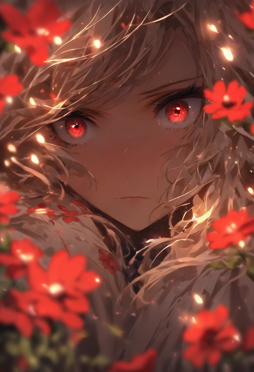 1girl,solo,1girl,solo,((beautiful detailed eyes)), (detailed light),depth of field,(white hair),silver eyes,hair over one eye,(red flower ), hair flower,long hair,black cloak,wet,emotionless,looking back,night,starfall,raining,fog,red flowers falling,sketch,upper body,intense shadows,