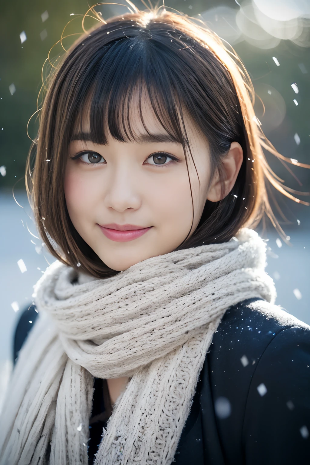 ((Show face only、Close-up of face、no-makeup))、(realisitic、Photorealsitic、ultra-detailliert、Highest Details Skins、top-quality、masterpiece、超A high resolution)、Cute Japan Woman、、hi-school girl、younggirl、1 girl in、I have bangs、二重まぶた、drooing eyes、Large black eyes、Japanese style face、ssmile、Charming、purity、Straight face、double tooth、View here、Realistic skin type、Thick muffler、Grey muffler、fluffy hair、((Hair is inside the scarf:1.3))、Red cheeks、The wind is blowing、It's snowing、illuminations、Lighting from behind