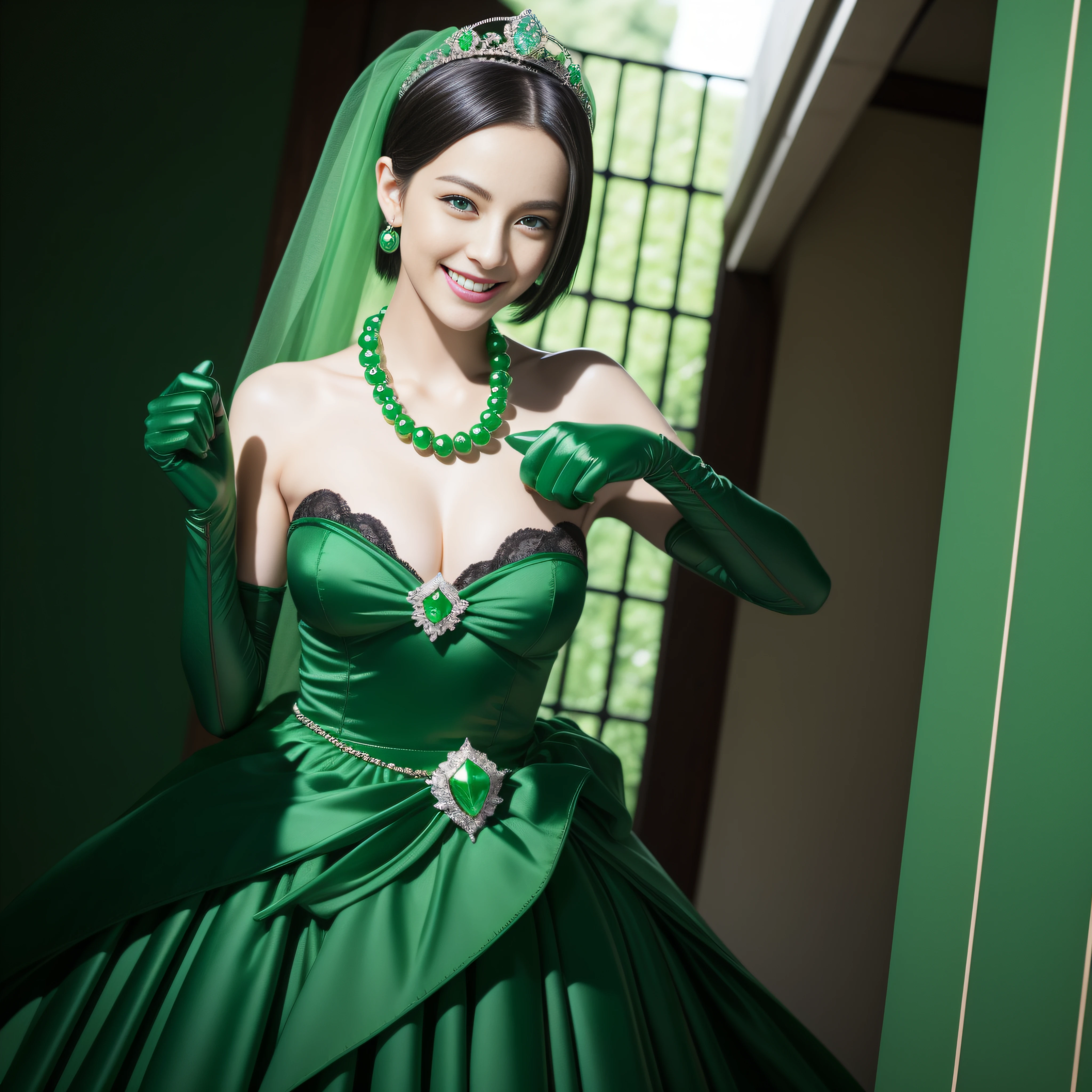 emerald tiara, Green Pearl Necklace, Boyish very short green hair, lipsticks, Japan woman smiling, very short short hair, fist, big breasts beautiful, Green eyes, Long green gloves made of satin material, Green eyes