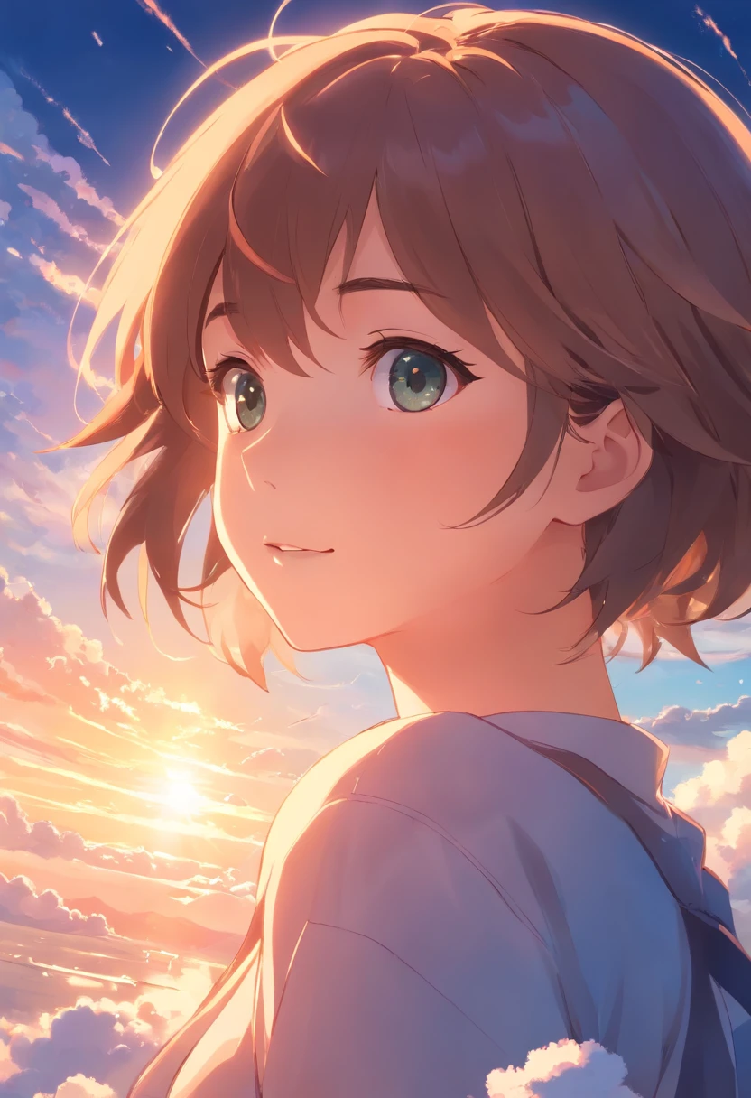 masterpiece, best quality, movie still, 1girl, cloud girl, floating in the sky, close-up, bright, happy, warm soft lighting, sunset, (sparks:0.7)