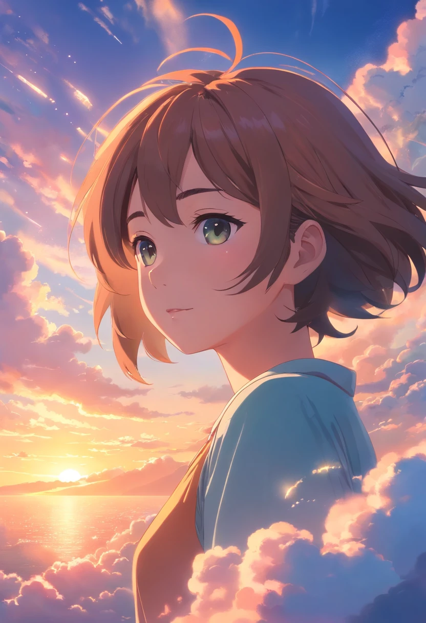 masterpiece, best quality, movie still, 1girl, cloud girl, floating in the sky, close-up, bright, happy, warm soft lighting, sunset, (sparks:0.7)