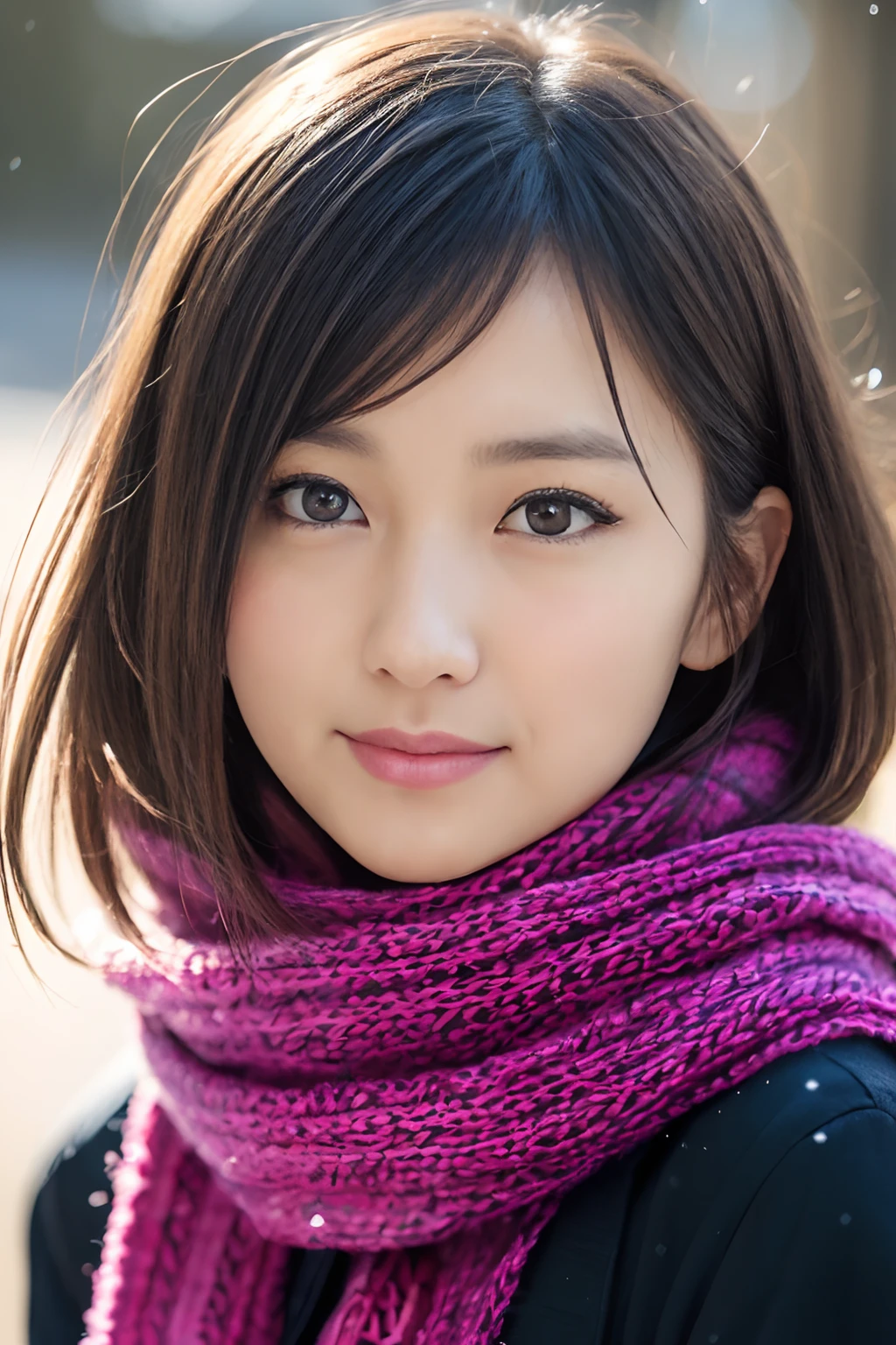 ((Show face only、Close-up of face、no-makeup))、(realisitic、Photorealsitic、ultra-detailliert、Highest Details Skins、top-quality、​masterpiece、超A high resolution)、Cute Japan Woman、17 age、hi-school girl、younggirl、1 girl in、I have bangs、二重まぶた、drooing eyes、Large black eyes、Japanese style face、ssmile、Charming、purity、Straight face、double tooth、View here、Realistic skin type、Thick muffler、Grey muffler、fluffy hair、((Hair is inside the scarf:1.3))、Red cheeks、The wind is blowing、It's snowing、illuminations、Lighting from behind