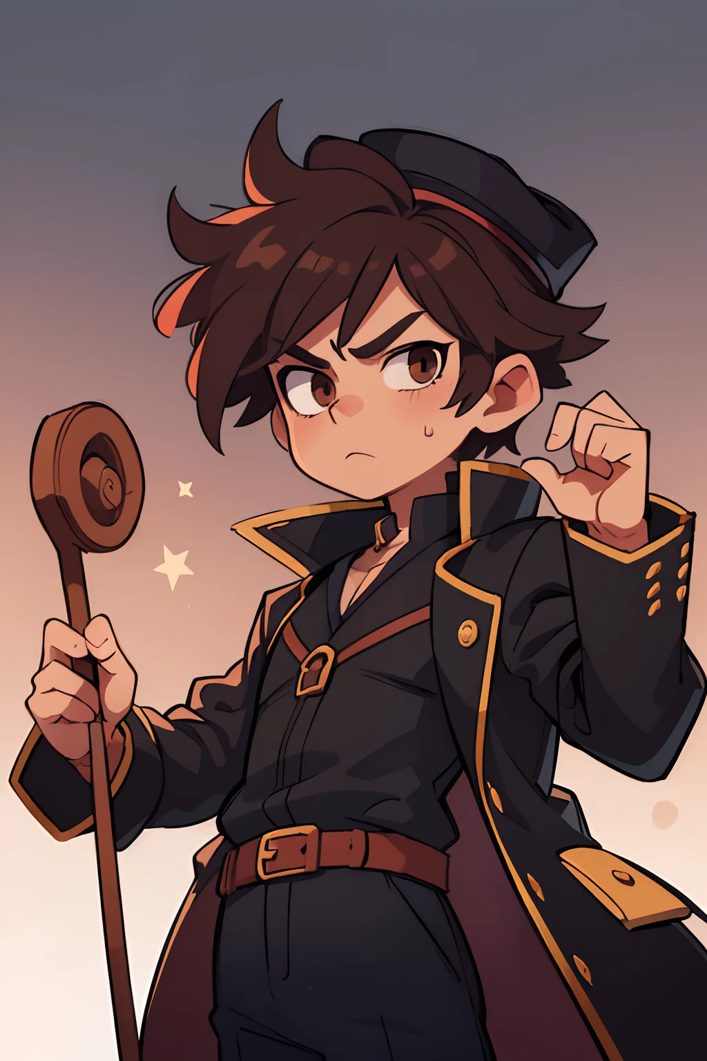 ((beste-Qualit, tmasterpiece)),
1guy, prince, short disheveled brown hair, brown eye, black coat, hat on his head, cane in hand