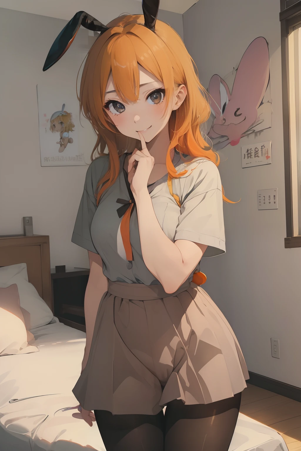 (masterpiece、top-quality、top-quality、Beautifully Aesthetic:1.2)、ighly detailed、highestdetailed、grey eyes、orange color hair|Semi-long blonde hair、((bunnygirl))、(pantyhose)、Matsumoto Rangiku、graffiti art、Look at the viewer、A smile、Bedroom、on the beds