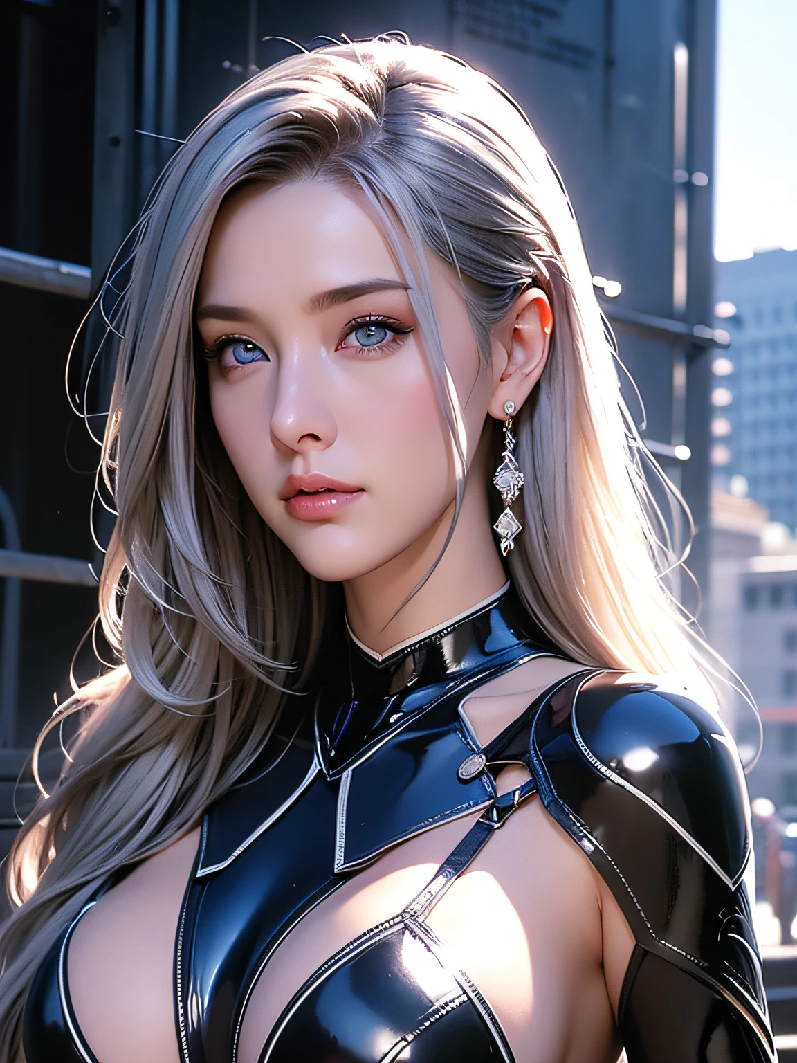 Dynamic series of drawings showing silver-haired and blue-eyed warrior girl., 8K, 超A high resolution, ultra-detailliert, hard disk,(well designed face), Amazing face, (super detailed), Beautiful eyes, Soft lighting,, Outdoors, A city scape,, urushisato,1980s,, Beautiful detailed eyes,Mechanical parts, Asymmetrical hair,thigh highs, latex suit,cleavage,