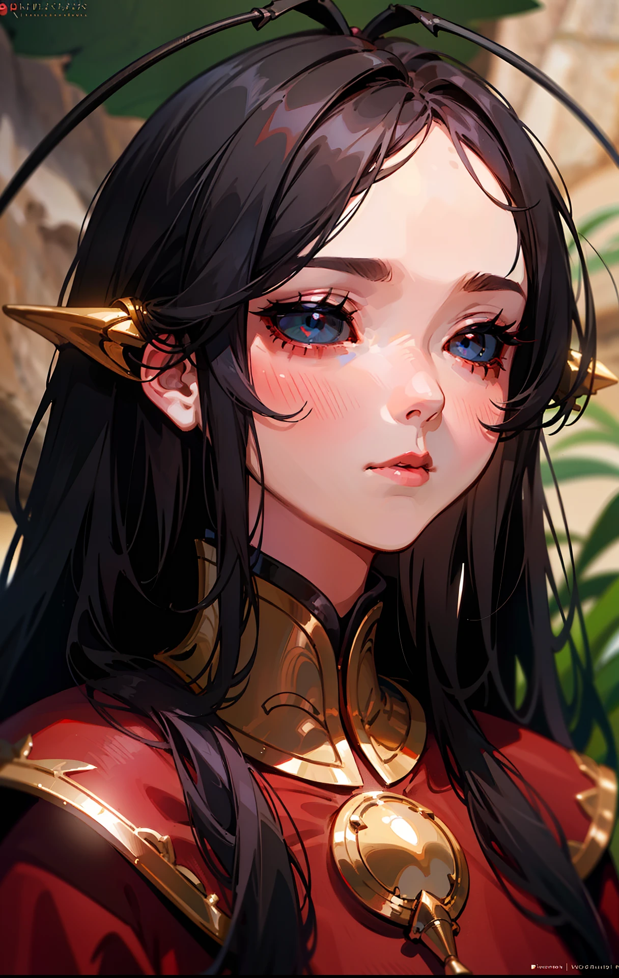 Original Character,8k, Masterpiece, Best Quality,Detailed, Beautiful Detailed Eyes, solo,fine skin,blush,portrait,black eyes,black sclera,black hair,long hair,(hair 2antennas),focus on face,close-up on face,looking to view,cave background,red outfit