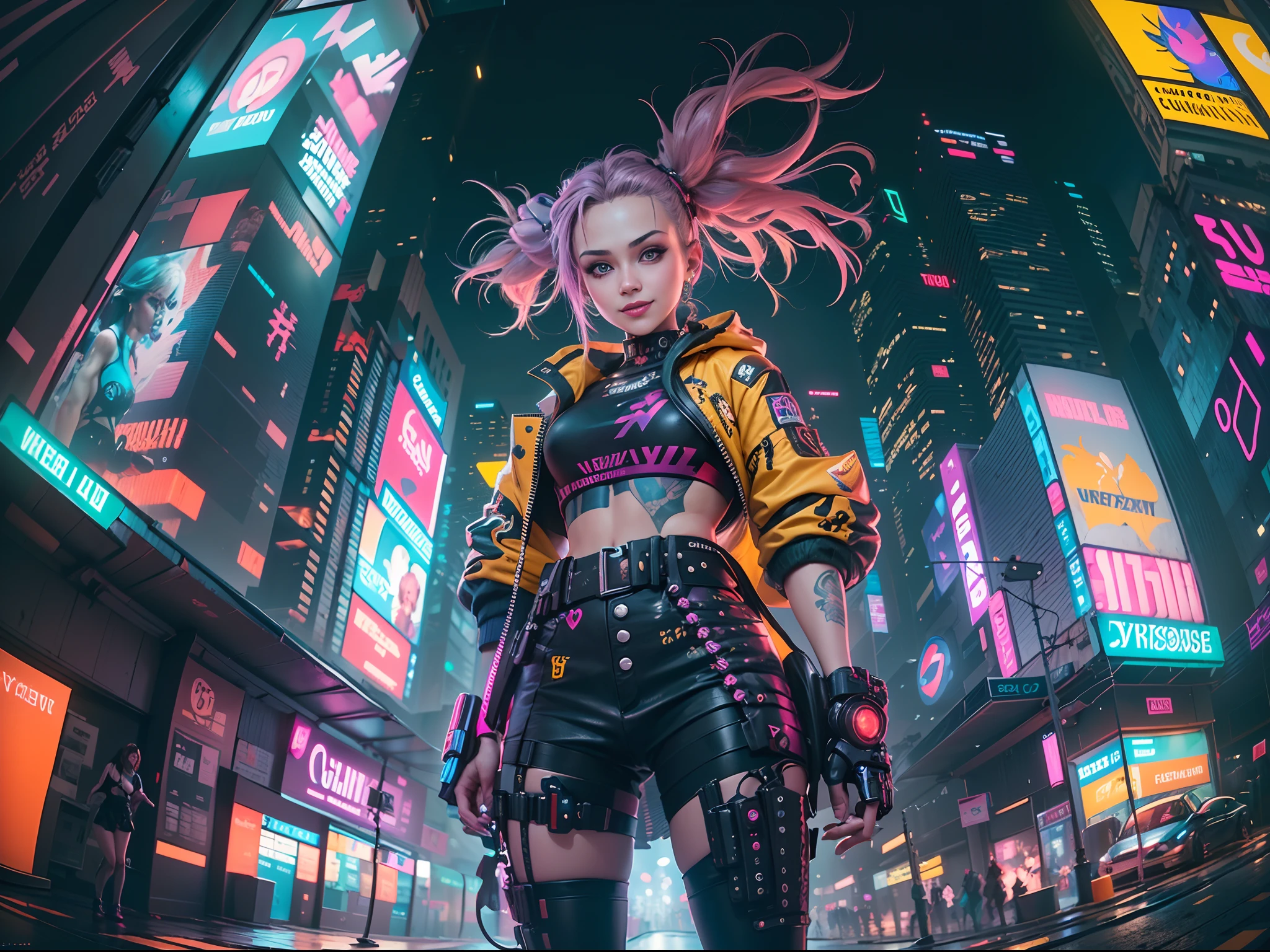 (((3 cyberpunk girls))) wearing colorful Harajuku style pop outfit)), ((((fisheye lens)))), cowboy shot, wind, messy hair, ((cyberpunk 2077 cityscape)), (cyberpunk aesthetics and atmosphere:1.3), bright colors, smiling, ((cinematic lighting))