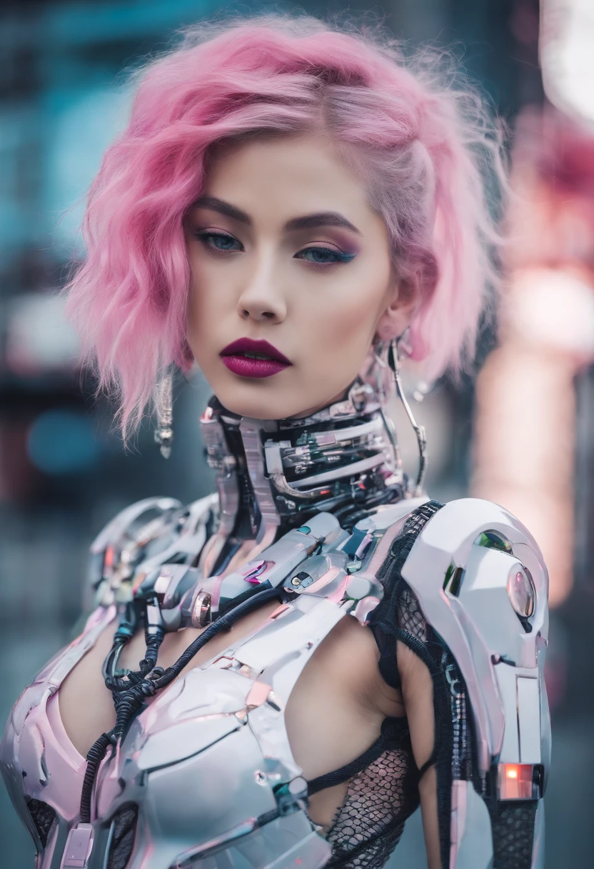 RAW photograph, high quality full length portrait, street fashion photography, RAW photo of a 21 yo woman with unstyled hair, a nymph, dark pink hair, hands on hips, dark make up, small breasts, skin tight sheer see-through crop top and skirt, twin ponytails, choker, stockings. natural pale skin texture, silver necklace, short depth of field, intricate, elegant, detailed textures, sharp focus, bracelets, neck chain, ultra high pixel detail, cinematic, intricate, cinematic light, realistic, movie scene, cinematic, high quality, style, full colors, incredibly detailed, 4k, 8k, detailed skin,