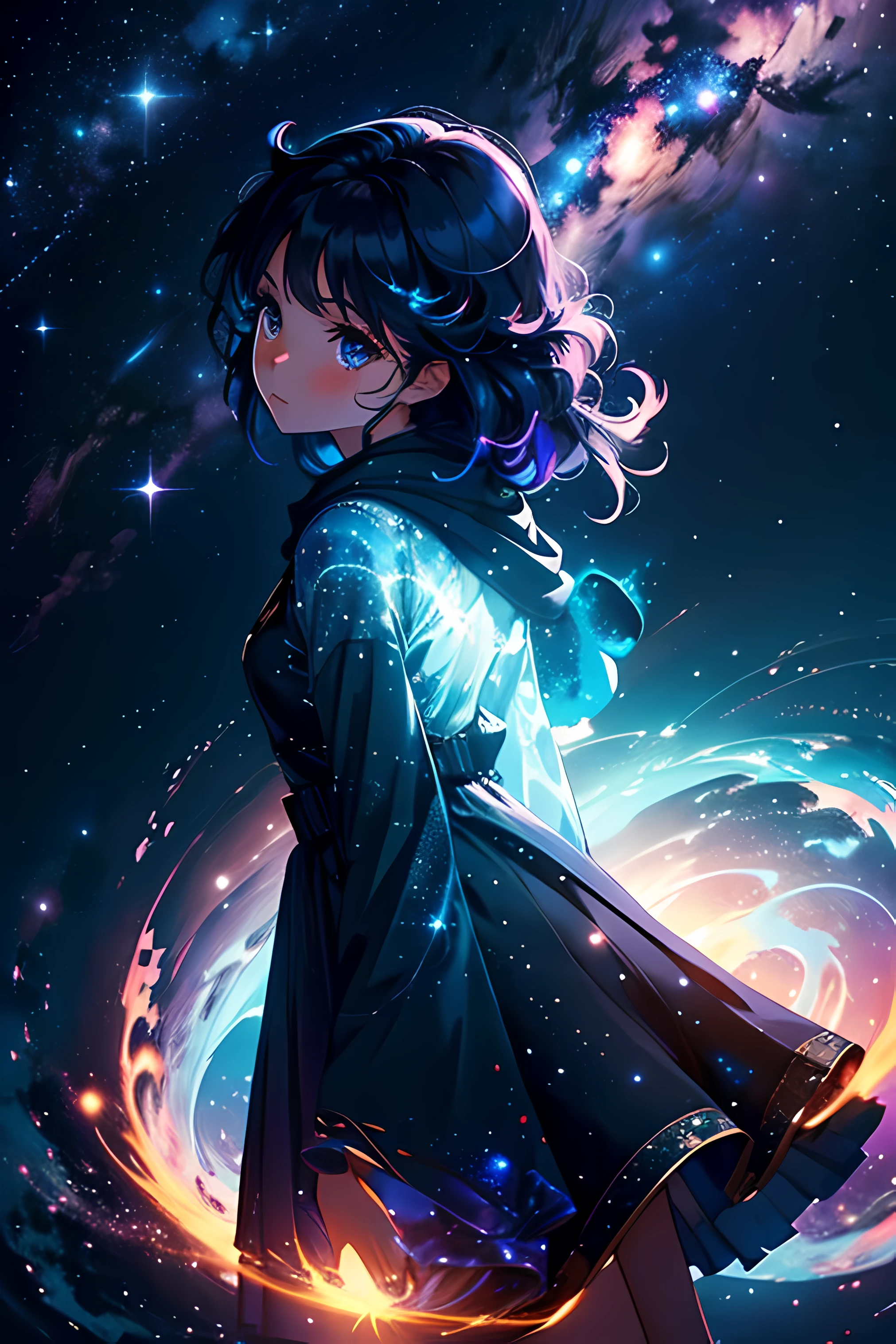 Perched upon a wispy cloud, a young girl gazes in awe at the breathtaking expanse above. The night sky comes alive with a sea of stars, twinkling like diamonds scattered across a velvet canvas. Cosmic phenomenons swirl and dance, painting streaks of vibrant colors across the vastness of space. With her hair gently tousled by the celestial breeze, the girl's silhouette stands as a witness to the beauty of the universe. Serene and filled with wonder, she becomes a part of this cosmic symphony, her presence illuminating the infinite possibilities that lie beyond the clouds.