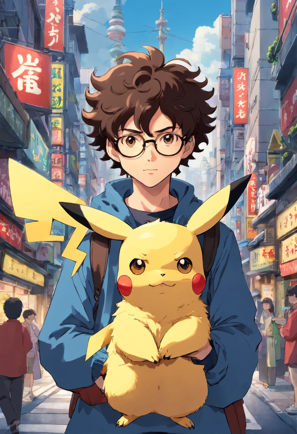 Homem de cor morena, of glasses and curly hair, with pikachu on his shoulder in the middle of Tokyo