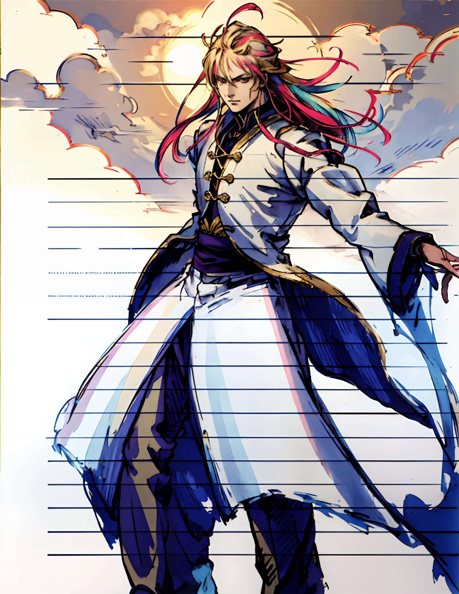 A man with disheveled long hair, a cascade of unruly locks, a handsome countenance, a carefree expression, tall and slender, wears a light-colored Chinese-style undershirt, over which he layers a loose dark-colored long daoist robe, long and wide sleeves, wears dark pants, surrounded by colorful clouds and mist, stands amidst a colorful sea of clouds and mist, this character embodies a finely crafted fantasy-style Chinese martial artist character in anime style, characterized by an exquisite and mature manga illustration art style, high definition, best quality, highres, ultra-detailed, ultra-fine painting, extremely delicate, professional, anatomically correct, symmetrical face, extremely detailed eyes and face, high quality eyes, creativity, RAW photo, UHD, 8k, Natural light, cinematic lighting, masterpiece:1.5