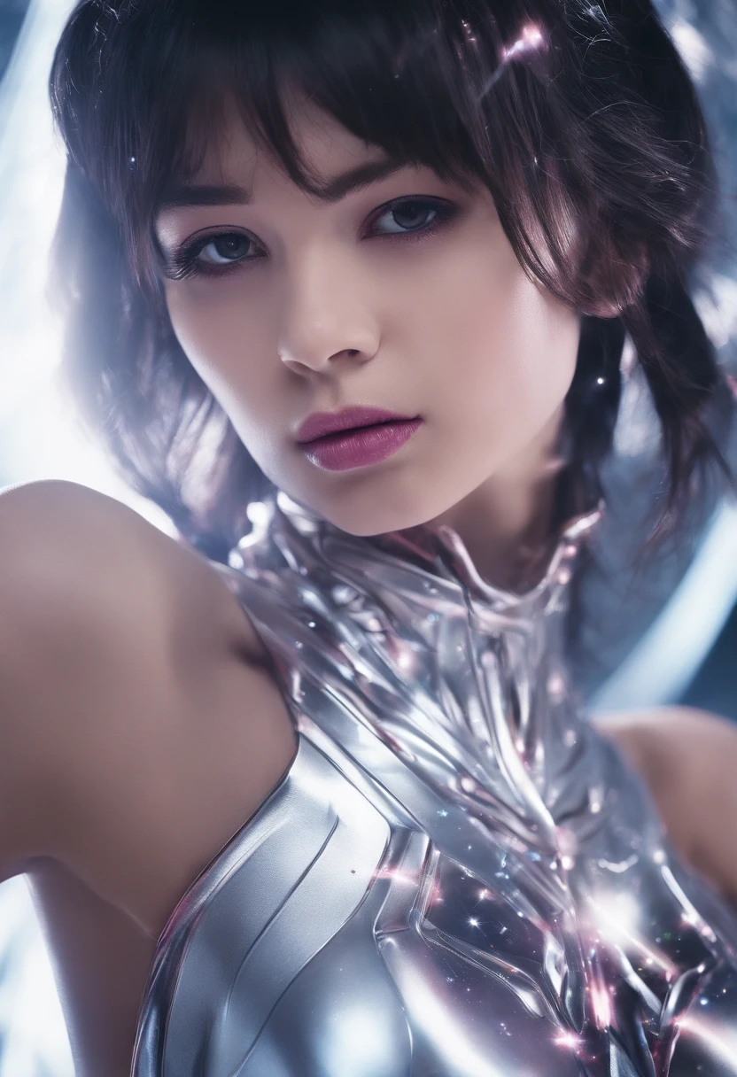 RAW photo of young English woman, color photograph, half length picture, close up portrait, ((a realistic photo of a beautiful young 18yo girl)), shadows, ((silver wing eyeliner)), (burgundy lipstick), ((pale iridescent skin)), dark eyes, leaning towards viewer, looking at viewer, sensual, erotic pose, smirk, shy, expressive hair, (dark pink hair), perfect facial features, perfect realistic skin, high quality, very detailed face, night, small breasts, futuristic model,
