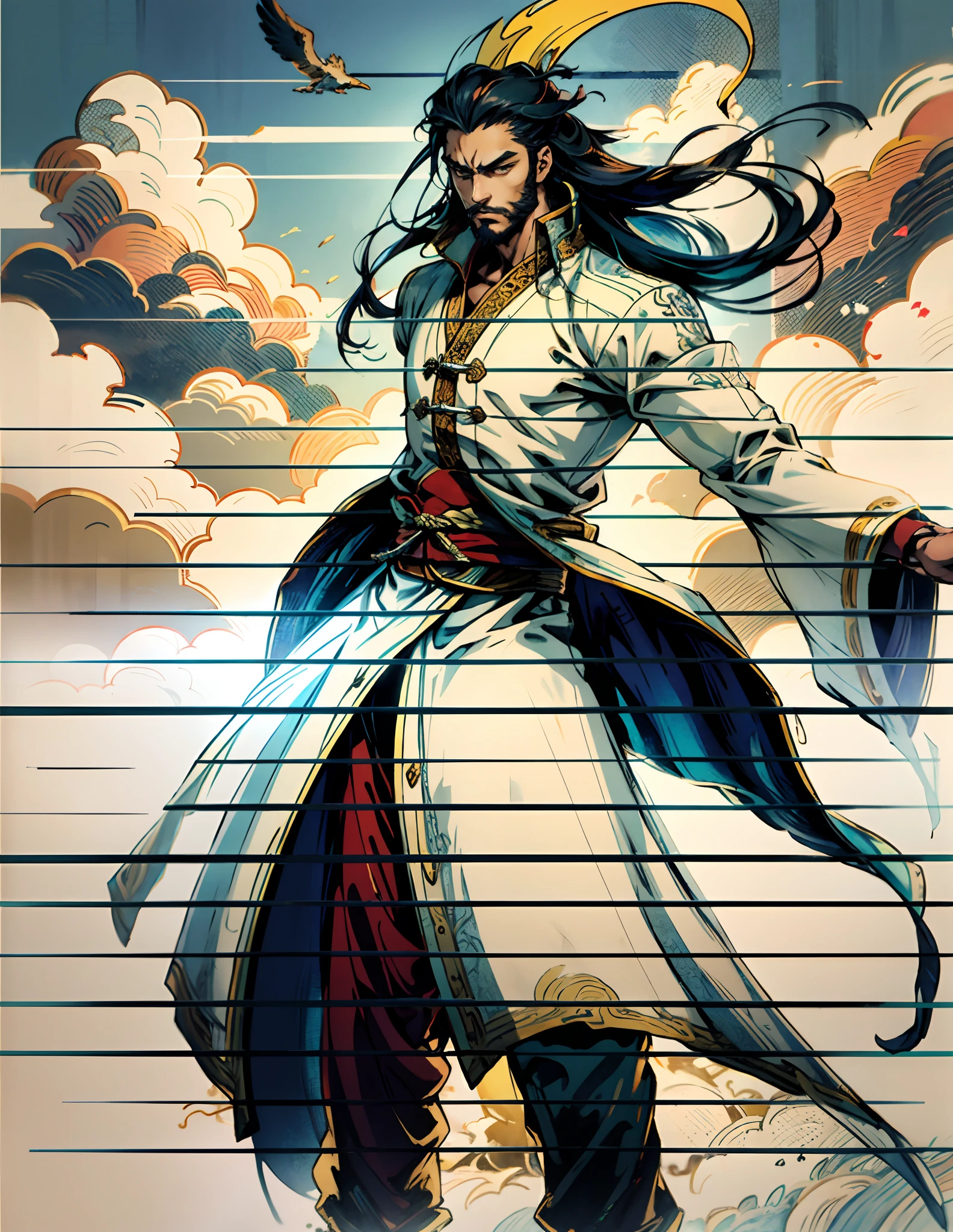 A man with disheveled long hair, a cascade of unruly locks, a handsome countenance, a carefree expression, tall and slender, wears a light-colored Chinese-style undershirt, over which he layers a loose dark-colored long daoist robe, long and wide sleeves, wears dark pants, surrounded by colorful clouds and mist, stands amidst a colorful sea of clouds and mist, this character embodies a finely crafted fantasy-style Chinese martial artist character in anime style, characterized by an exquisite and mature manga illustration art style, high definition, best quality, highres, ultra-detailed, ultra-fine painting, extremely delicate, professional, anatomically correct, symmetrical face, extremely detailed eyes and face, high quality eyes, creativity, RAW photo, UHD, 8k, Natural light, cinematic lighting, masterpiece:1.5