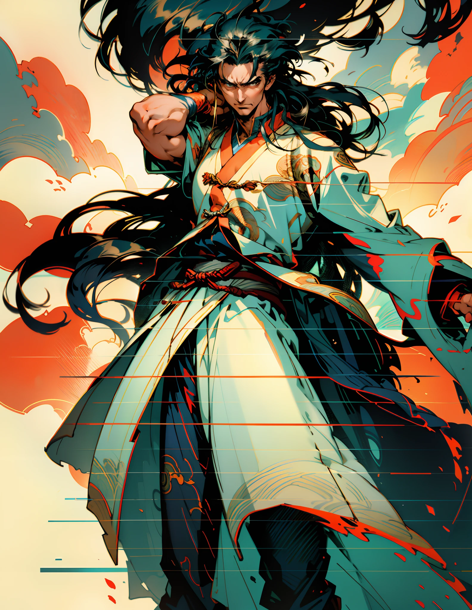 A man with disheveled long hair, a cascade of unruly locks, a handsome countenance, a carefree expression, tall and slender, wears a light-colored Chinese-style undershirt, over which he layers a loose dark-colored long daoist robe, long and wide sleeves, wears dark pants, surrounded by colorful clouds and mist, stands amidst a colorful sea of clouds and mist, this character embodies a finely crafted fantasy-style Chinese martial artist character in anime style, characterized by an exquisite and mature manga illustration art style, high definition, best quality, highres, ultra-detailed, ultra-fine painting, extremely delicate, professional, anatomically correct, symmetrical face, extremely detailed eyes and face, high quality eyes, creativity, RAW photo, UHD, 8k, Natural light, cinematic lighting, masterpiece:1.5