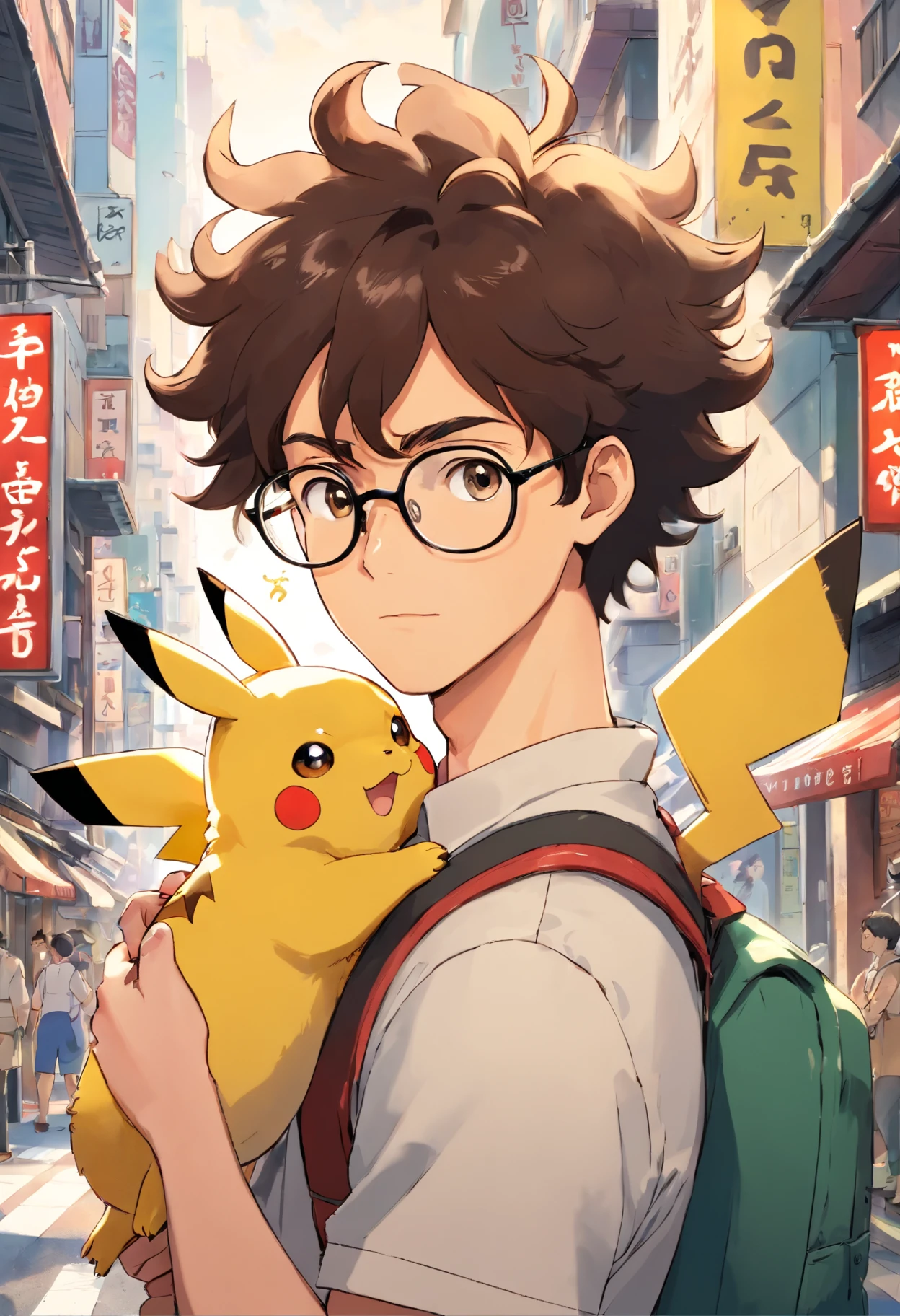 Homem de cor morena, of glasses and curly hair, with pikachu on his shoulder in the middle of Tokyo