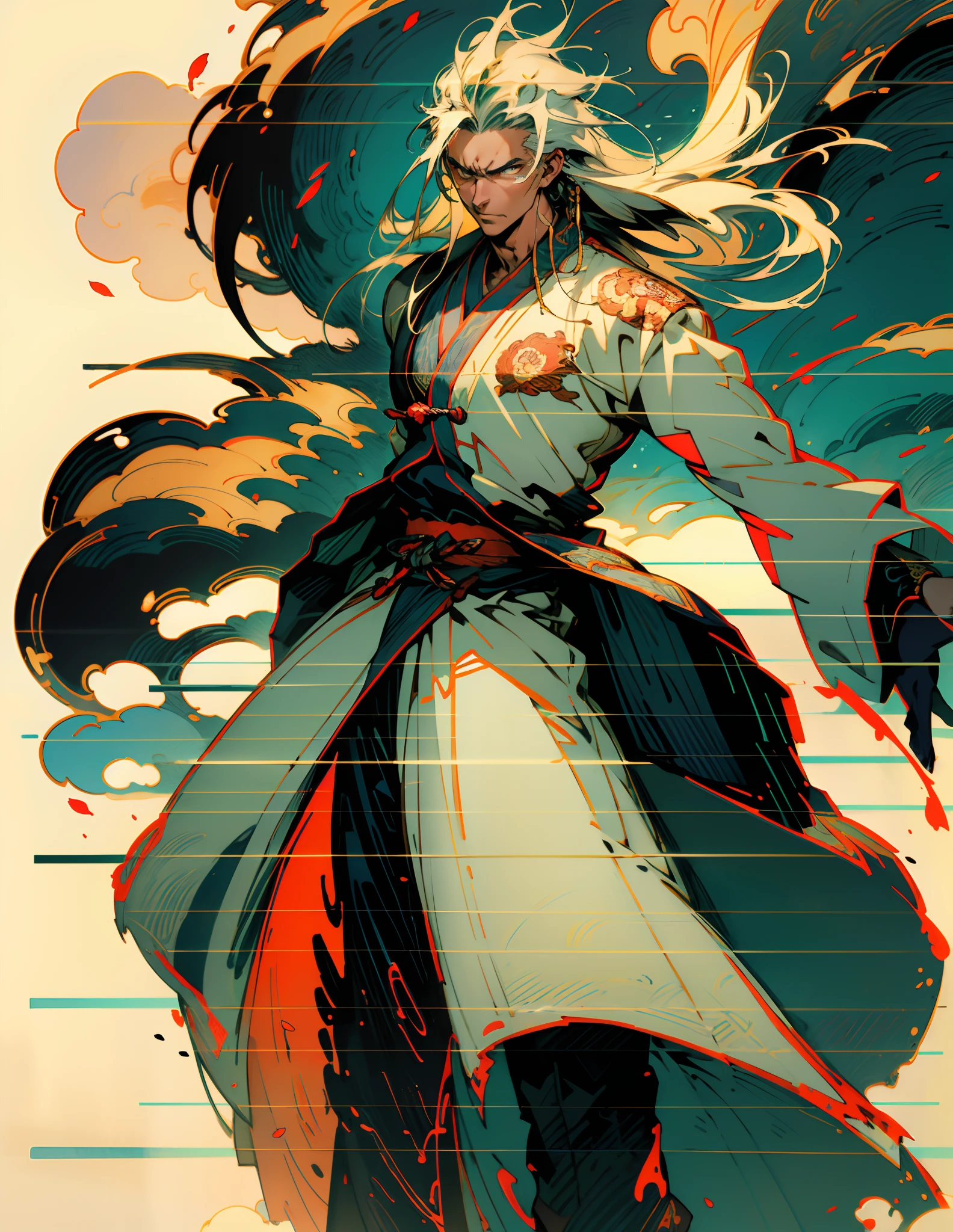 A man with disheveled long hair, a cascade of unruly locks, a handsome countenance, a carefree expression, tall and slender, wears a light-colored Chinese-style undershirt, over which he layers a loose dark-colored long daoist robe, long and wide sleeves, wears dark pants, surrounded by colorful clouds and mist, stands amidst a colorful sea of clouds and mist, this character embodies a finely crafted fantasy-style Chinese martial artist character in anime style, characterized by an exquisite and mature manga illustration art style, high definition, best quality, highres, ultra-detailed, ultra-fine painting, extremely delicate, professional, anatomically correct, symmetrical face, extremely detailed eyes and face, high quality eyes, creativity, RAW photo, UHD, 8k, Natural light, cinematic lighting, masterpiece:1.5