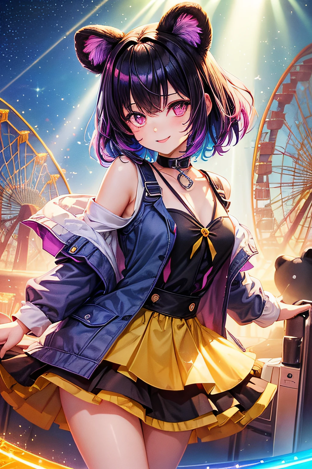 ((worst quality, low-quality)), ((Bear-eared chemomimi girl)), (Goth loli style clothes), ((Black-haired berry berry short,Purple and blue inner colors)), (((Hair over one eye))), (((One eye is hidden by hair))), (Yellow and purple odd-eye), plump shiny lips, Beautiful clear eyes, (The best smile), Spoken Heart, Leaning forward,  (Amusement Park Background), (rollercoaster), (the Ferris wheel), ((Shining sunlight)), (light Particle, light glow, llight rays:1.4), masutepiece,Best Quality,ultra-detailliert,