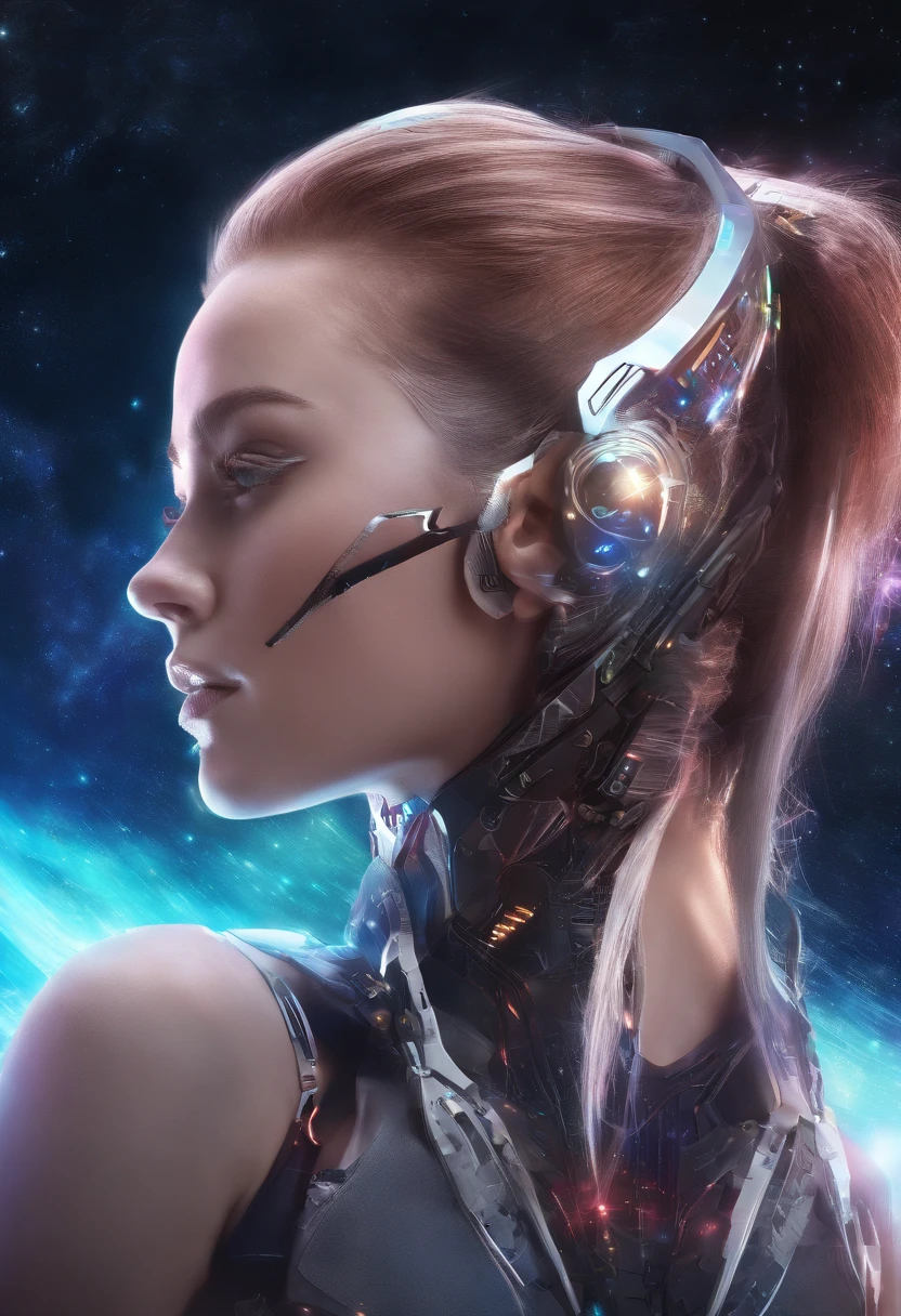 RAW photo of young English woman, color photograph, half body length from waist portrait, ((a realistic photo of a beautiful young 18yo girl)), (Cyber_Girl_V3:0.99), light, ((glowy skin)), looking_at_viewer, (fit body:1.0),  sexy, erotic pose, high ponytail, detailed illustration, masterpiece, high quality, realistic, very detailed face,