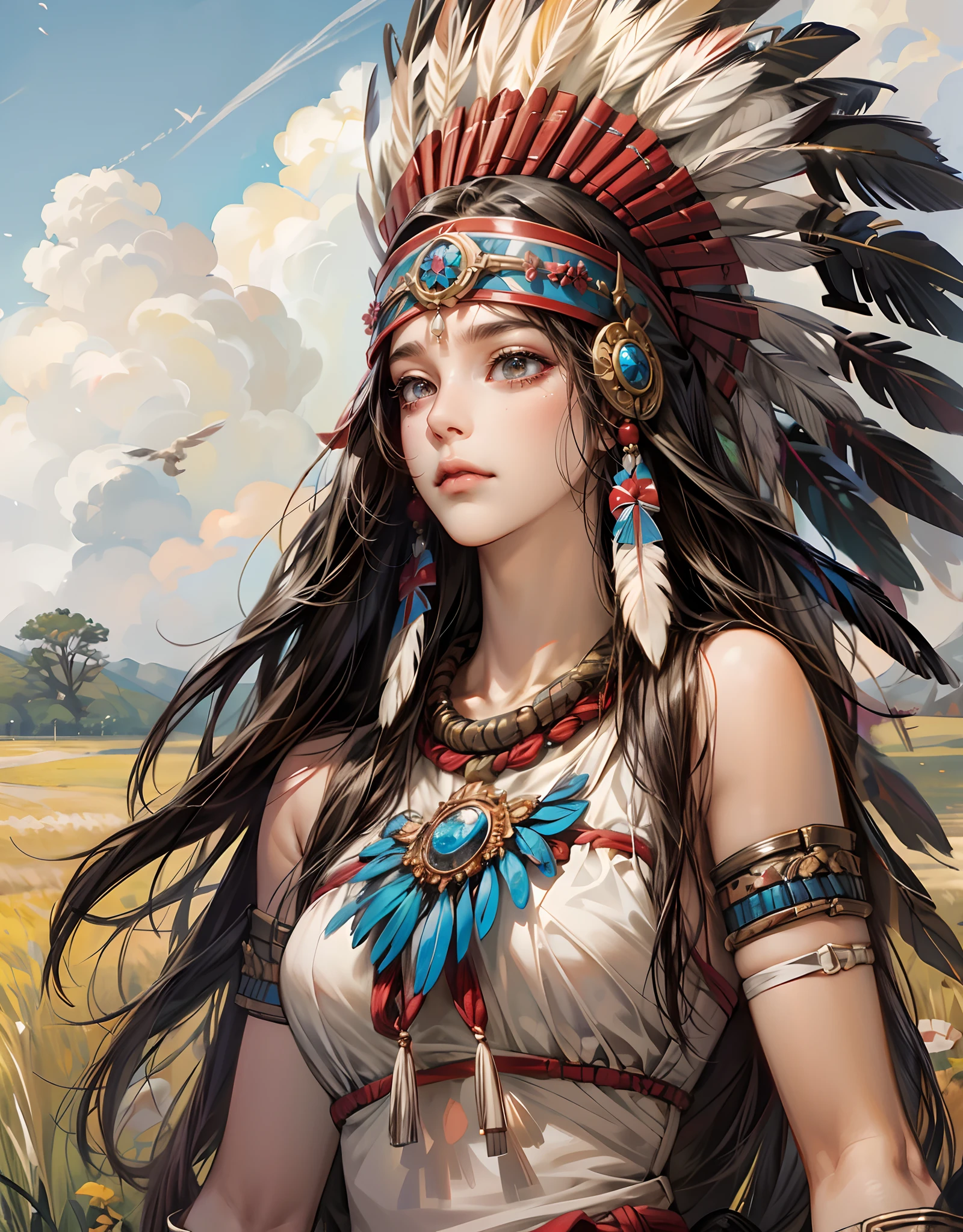 **typemoon style, It's magnificent, female, primal warrior, native american armor, pale skin, Hair wavy and long, empty expression. In the background, there is a gigantic primal bird in the field