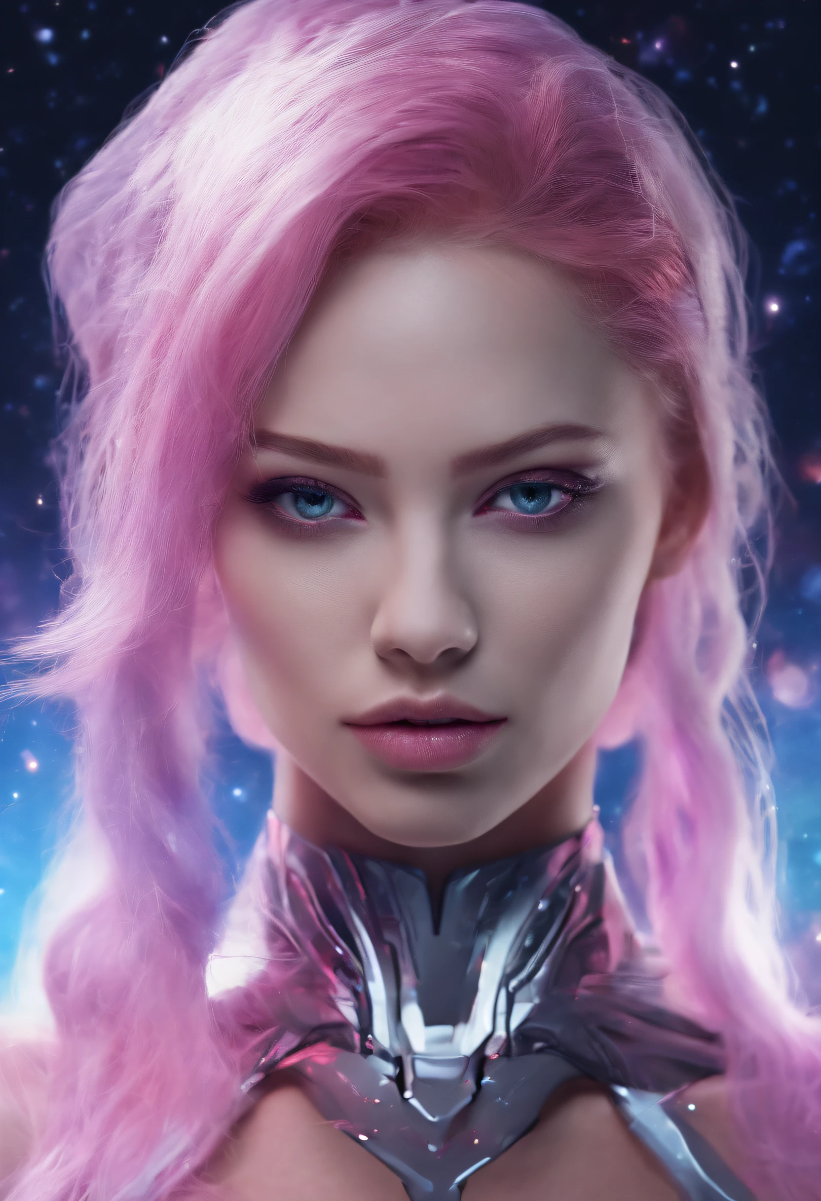 RAW photo of young English woman, color photograph, half length picture, close up portrait, ((a realistic photo of a beautiful young 18yo girl)), shadows, ((silver wing eyeliner)), (burgundy lipstick), ((pale iridescent skin)), dark eyes, leaning towards viewer, looking at viewer, sensual, erotic pose, smirk, shy, expressive hair, (dark pink hair), perfect facial features, perfect realistic skin, high quality, very detailed face, night, small breasts, futuristic model,