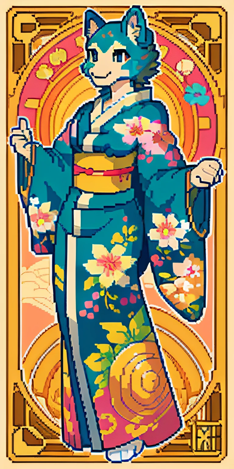 (highres,sharp focus) A beautiful floral character in a (keimono) kimono, created in the style of (pixel art) pixel art. The character has a (fluffy anthro) fluffy, anthropomorphic design with intricate details and vibrant colors. The floral pattern on the kimono features (geometric pattern,vector art) geometric shapes and intricate motifs, inspired by the (high-quality illustrations by Alphonse Mucha) high-quality illustrations of Alphonse Mucha. The character is depicted in a (logo,stamping) stamped logo-style composition, reminiscent of vintage art. The artwork is of (best quality,4k,8k,masterpiece:1.2) exceptional quality, with (sharp focus) clear lines and precise detailing.