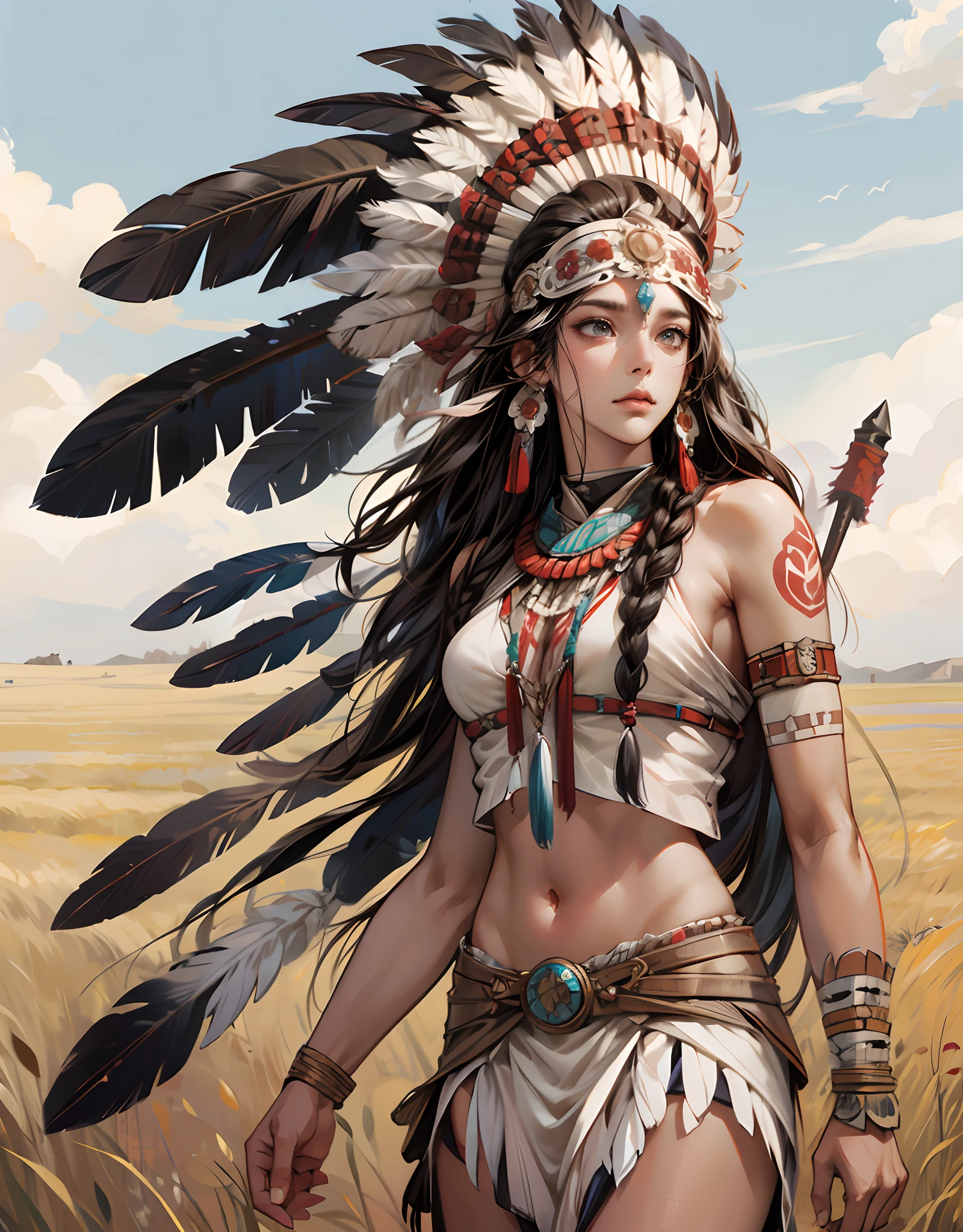 **typemoon style, It's magnificent, female, primal warrior, native american armor, pale skin, Hair wavy and long, empty expression. In the background, there is a gigantic primal bird in the field