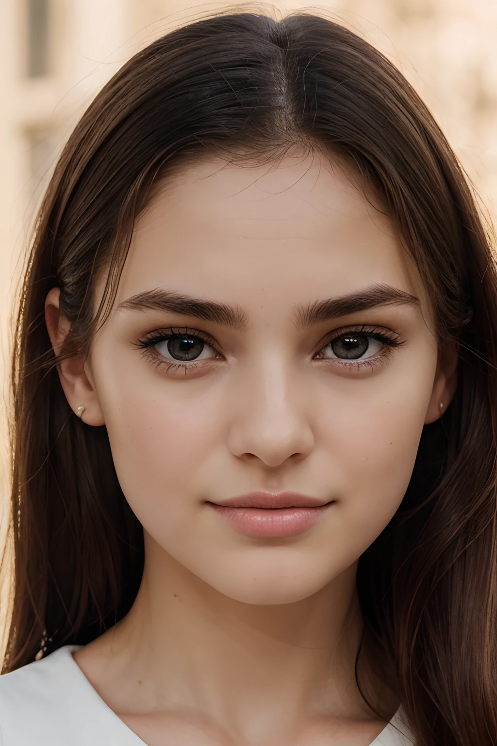 [sony premium camera, 8k, full High resolution, front-facing photo], a beautiful girl, cite girl, with oval face and symmetrical face structure, big eyes, hazal eye color, almond shape eyes, straight and balanced nose, soft wavy brown hair, heart-shaped lips, perfect eyebrows, perfect ears, light pale soft skin, pale white skin, slightly lifted chin with neutral expression and closed mouth, ((NO visible teeth in details)) plain background, bright light