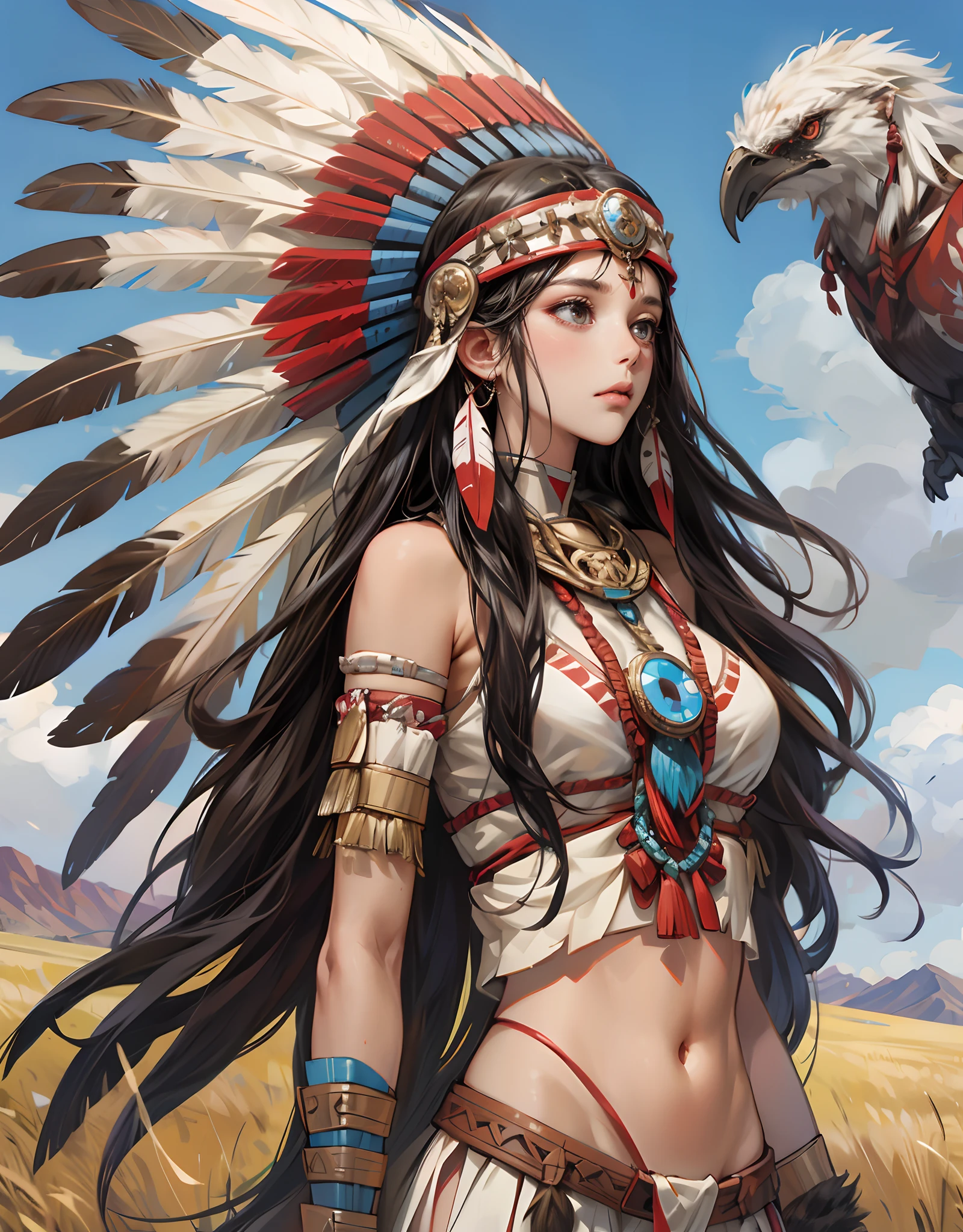 **typemoon style, It's magnificent, female, primal warrior, native american armor, pale skin, Hair wavy and long, empty expression. In the background, there is a gigantic primal bird in the field