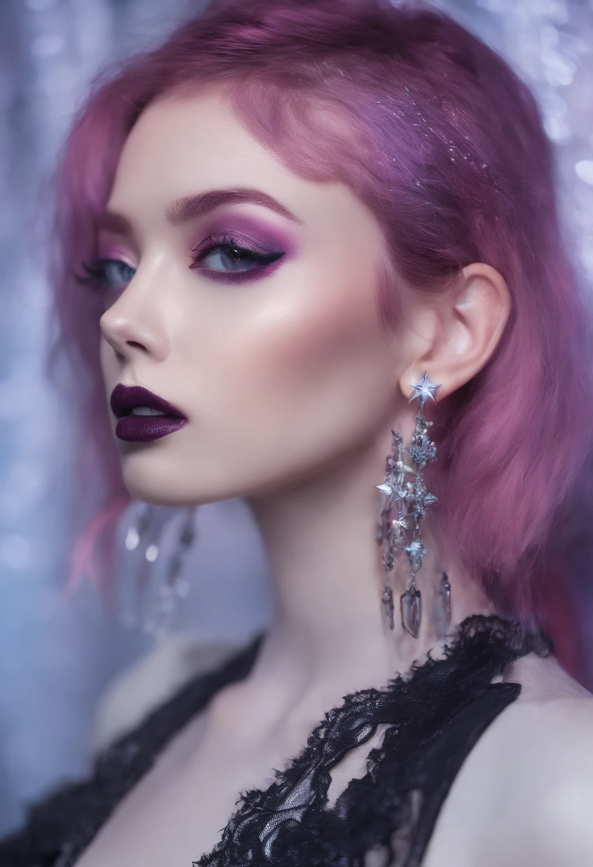 RAW photo of young English woman, color photograph, half length picture, close up portrait, ((a realistic photo of a beautiful young 18yo girl)), shadows, ((silver wing eyeliner)), (burgundy lipstick), ((pale iridescent skin)), dark eyes, leaning towards viewer, looking at viewer, sensual, erotic pose, smirk, shy, expressive hair, (dark pink hair), perfect facial features, perfect realistic skin, high quality, very detailed face, night, small breasts, futuristic model, gothic