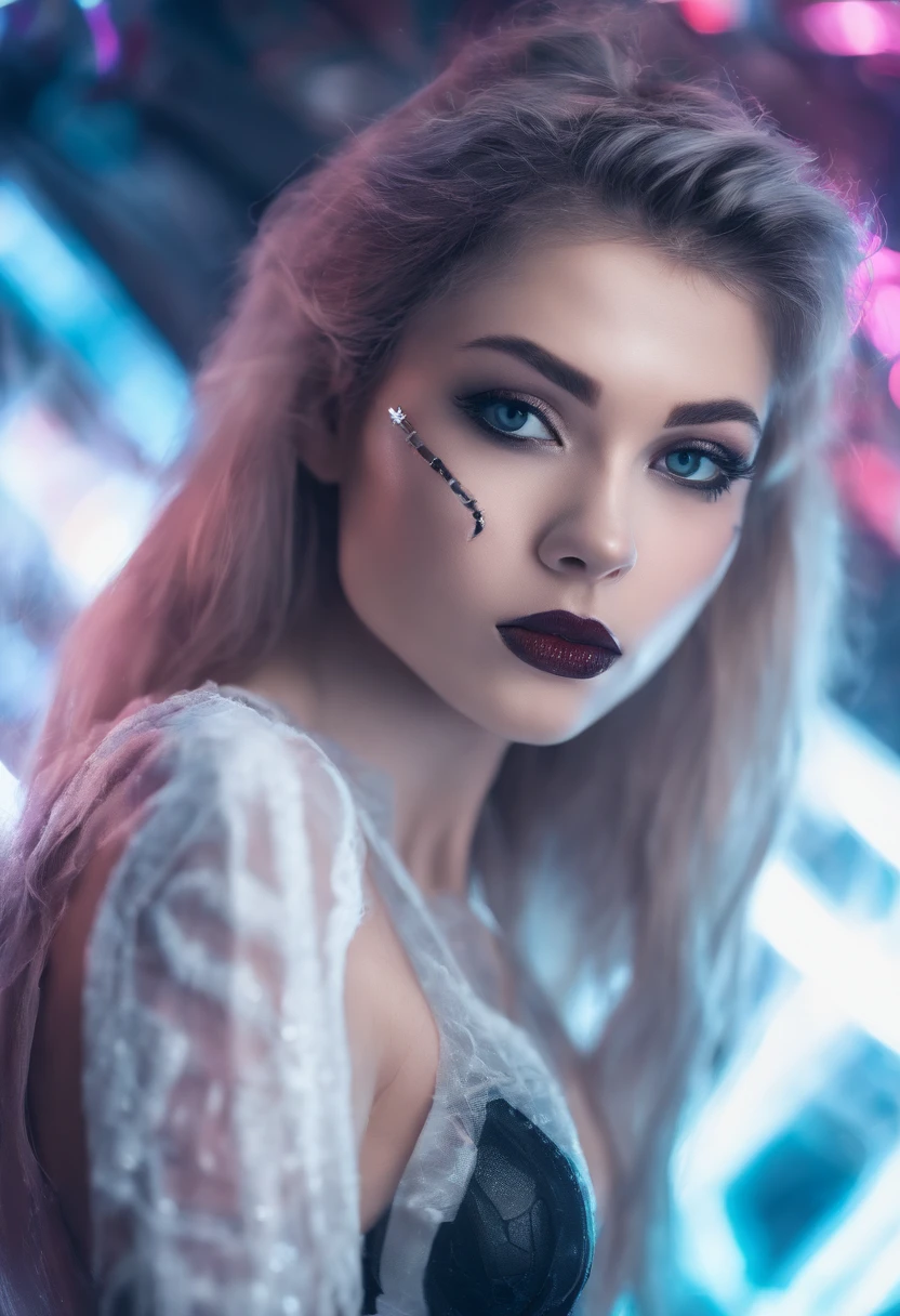 RAW photo of young English woman, color photograph, half length picture, close up portrait, ((a realistic photo of a beautiful young 18yo girl)), shadows, ((silver wing eyeliner)), (burgundy lipstick), ((pale iridescent skin)), dark eyes, leaning towards viewer, looking at viewer, sensual, erotic pose, smirk, shy, expressive hair, (dark pink hair), perfect facial features, perfect realistic skin, high quality, very detailed face, night, small breasts, futuristic model, gothic