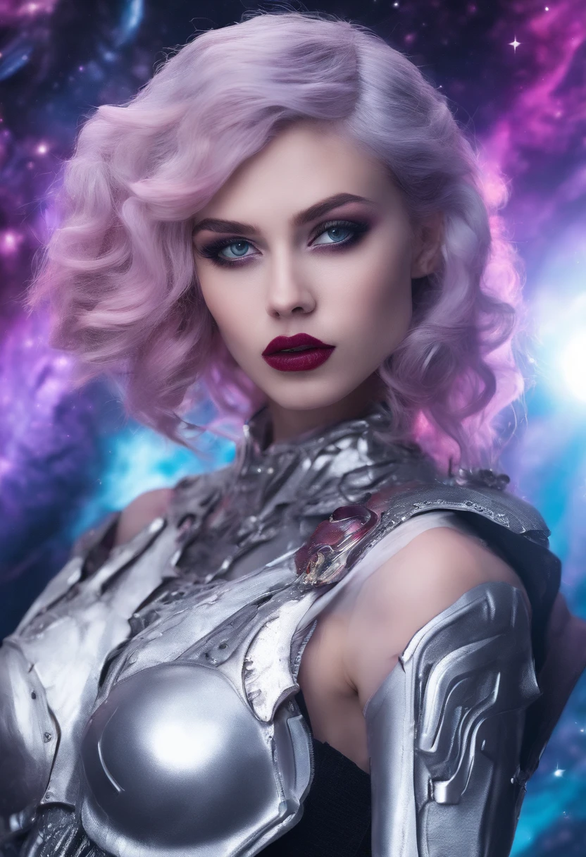 RAW photo of young English woman, color photograph, half length picture, close up portrait, ((a realistic photo of a beautiful young 18yo girl)), shadows, ((silver wing eyeliner)), (burgundy lipstick), ((pale iridescent skin)), dark eyes, leaning towards viewer, looking at viewer, sensual, erotic pose, smirk, shy, expressive hair, (dark pink hair), perfect facial features, perfect realistic skin, high quality, very detailed face, night, small breasts, futuristic model, gothic