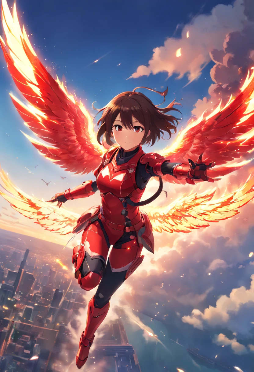 Absurd resolution, high resolution, (masterpiece: 1.4), hyper-detail, a girl, red armor with red wings, floating flight in the sky (1.8) background is wild, fire