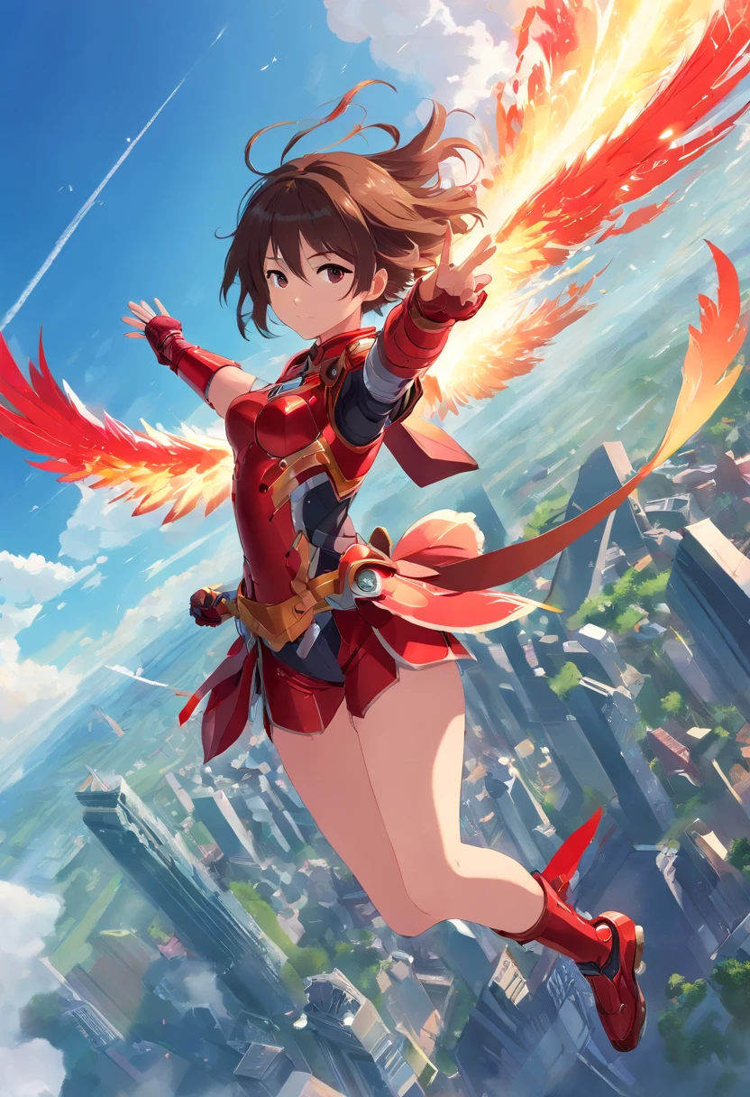 Absurd resolution, high resolution, (masterpiece: 1.4), hyper-detail, a girl, red armor with red wings, floating flight in the sky (1.8) background is wild, fire