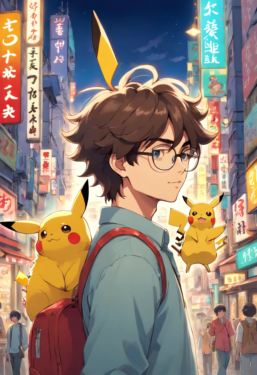 Homem de cor morena, of glasses and wavy hair, with pikachu on his shoulder in the middle of Tokyo