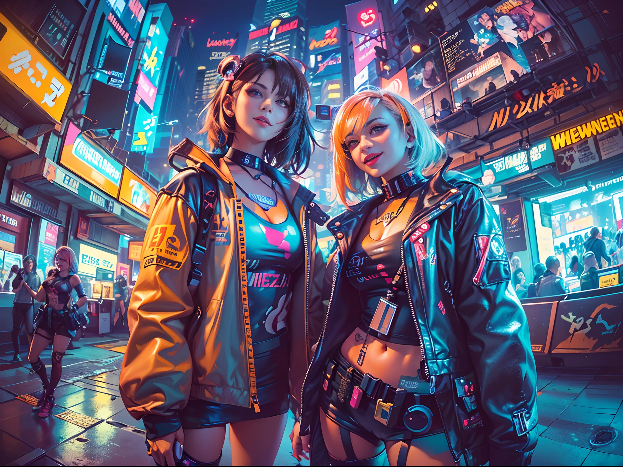 ((2 cyberpunk girls wearing colorful Harajuku style pop outfit)), ((((fisheye lens)))), cowboy shot, wind, messy hair, ((cyberpunk 2077 cityscape)), (cyberpunk aesthetics and atmosphere:1.3), bright colors, smiling, ((cinematic lighting))