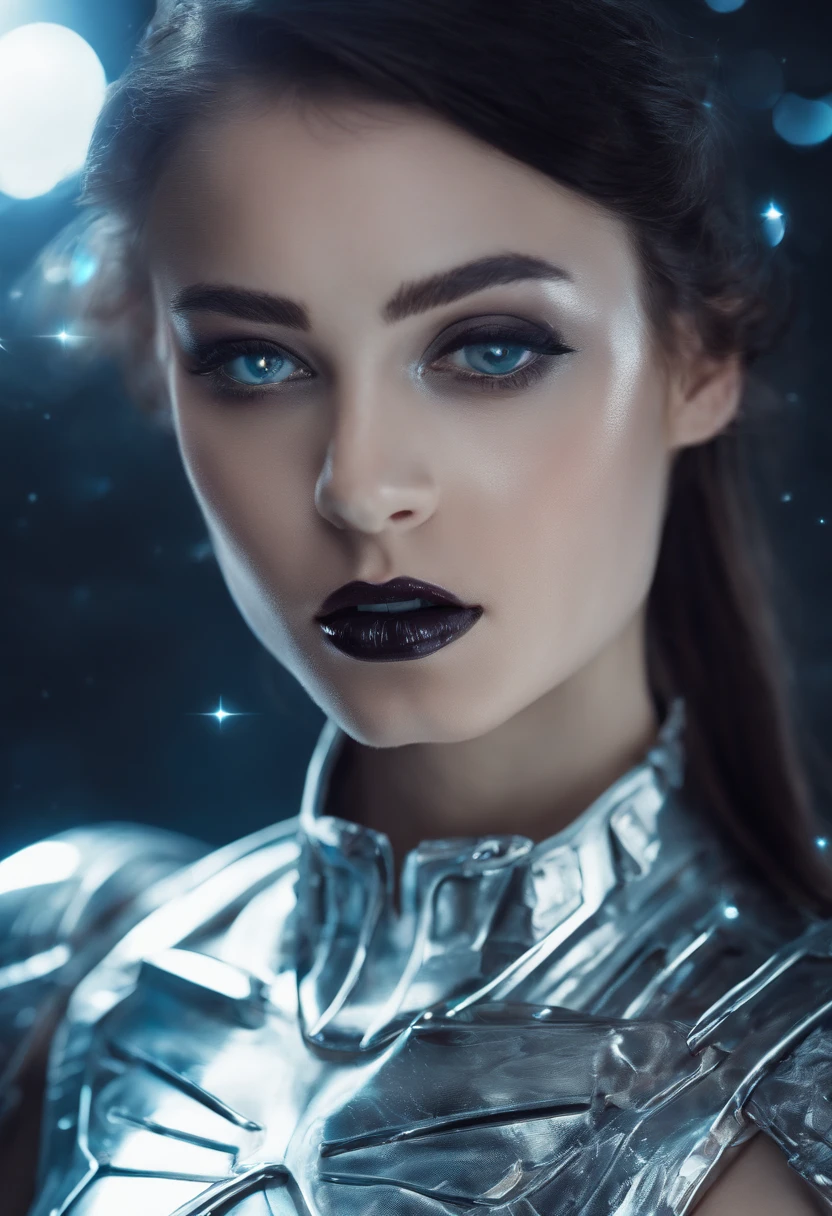 RAW photo of young french woman, color photograph, half length picture, close up portrait, ((a realistic photo of a beautiful young 18yo girl)), shadows, ((silver wing eyeliner)), (dark lipstick), ((pale iridescent skin)), dark eyes, leaning towards viewer, looking at viewer, sensual, erotic pose, smirk, shy, expressive hair, (dark hair), perfect facial features, perfect realistic skin, high quality, very detailed face, night, small breasts, futuristic model, fashion editorial style