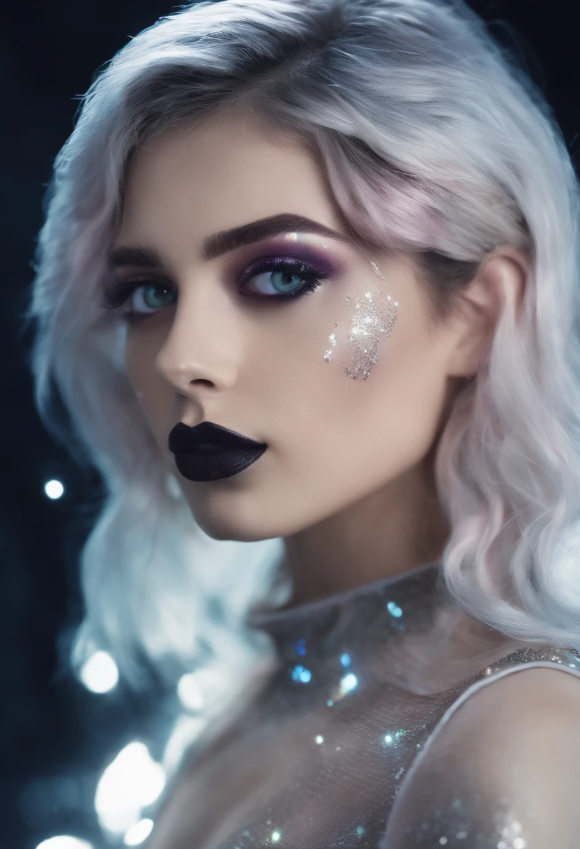 RAW photo of young Greek woman, color photograph, half length picture, close up portrait, ((a realistic photo of a beautiful young 18yo girl)), shadows, ((silver wing eyeliner)), (dark lipstick), ((pale iridescent skin)), dark eyes, leaning towards viewer, looking at viewer, sensual, erotic pose, smirk, shy, expressive hair, (dark hair), perfect facial features, perfect realistic skin, high quality, very detailed face, night, small breasts, futuristic model, fashion editorial style