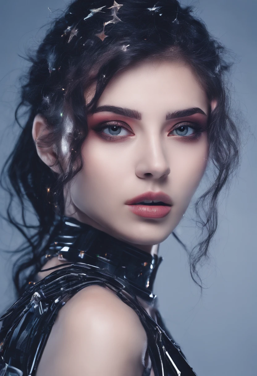 RAW photo of young Greek woman, color photograph, half length picture, close up portrait, ((a realistic photo of a beautiful young 18yo girl)), shadows, ((silver wing eyeliner)), (dark lipstick), ((pale iridescent skin)), dark eyes, leaning towards viewer, looking at viewer, sensual, erotic pose, smirk, shy, expressive hair, (dark hair), perfect facial features, perfect realistic skin, high quality, very detailed face, night, small breasts, futuristic model, fashion editorial style