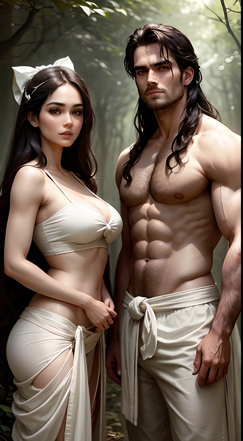 A couple standing in the forest, Man- Henry Cavill, handsome, tall, long hair, long straight nose, robust, shirtless, wearing a white dhoti, ((bow in hand:1.2)), woman- Barbara Mori, young, beautiful, large breasts, wearing a white strapless bra and a sarong, upper body, closeup