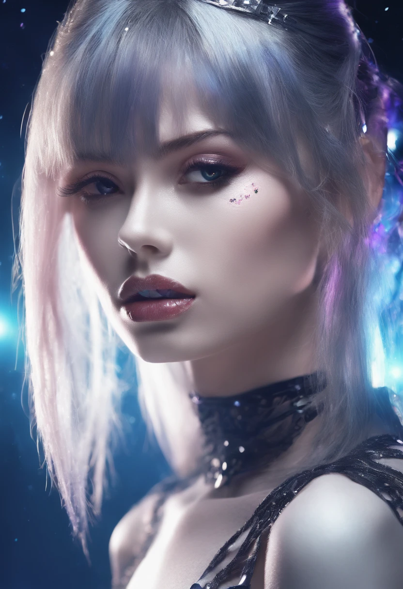 RAW photo of young Greek woman, color photograph, half length picture, close up portrait, ((a realistic photo of a beautiful young 18yo girl)), shadows, ((silver wing eyeliner)), (dark lipstick), ((pale iridescent skin)), dark eyes, leaning towards viewer, looking at viewer, sensual, erotic pose, smirk, shy, expressive hair, (dark hair), perfect facial features, perfect realistic skin, high quality, very detailed face, night, small breasts, futuristic model, fashion editorial style
