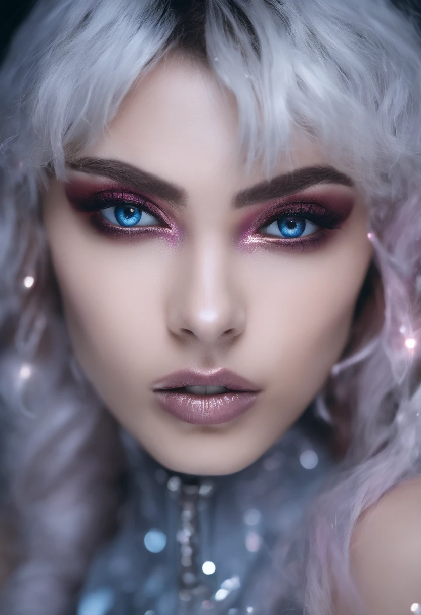 RAW photo of young Greek woman, color photograph, half length picture, close up portrait, ((a realistic photo of a beautiful young 18yo girl)), shadows, ((silver wing eyeliner)), (dark lipstick), ((pale iridescent skin)), dark eyes, leaning towards viewer, looking at viewer, sensual, erotic pose, smirk, shy, expressive hair, (dark hair), perfect facial features, perfect realistic skin, high quality, very detailed face, night, small breasts, futuristic model, fashion editorial style
