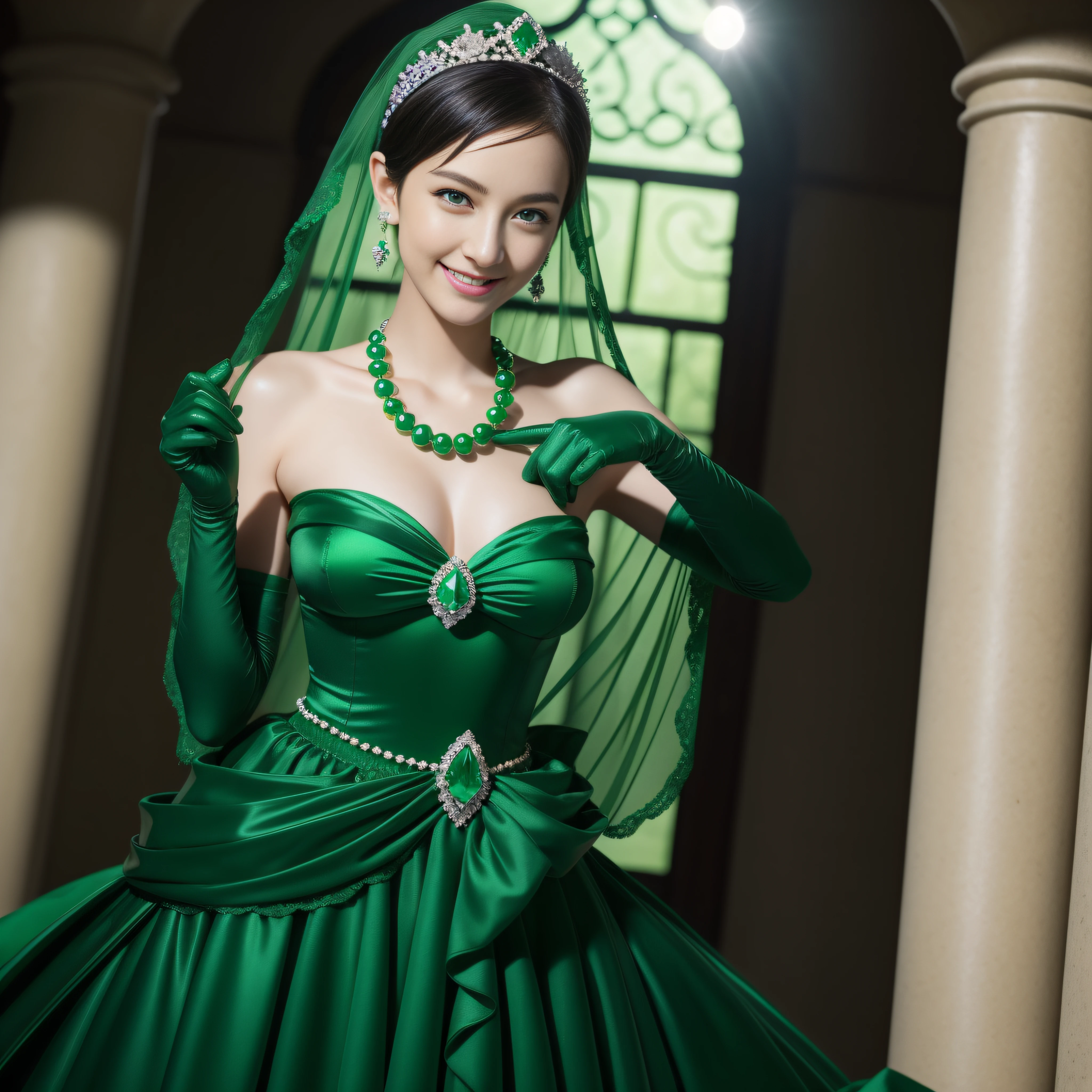 emerald tiara, Green Pearl Necklace, Boyish very short black hair, lipsticks, Japan woman smiling, very short short hair, big breasts beautiful, Green eyes, Long green gloves made of satin material, Green eyes, Emerald Earrings