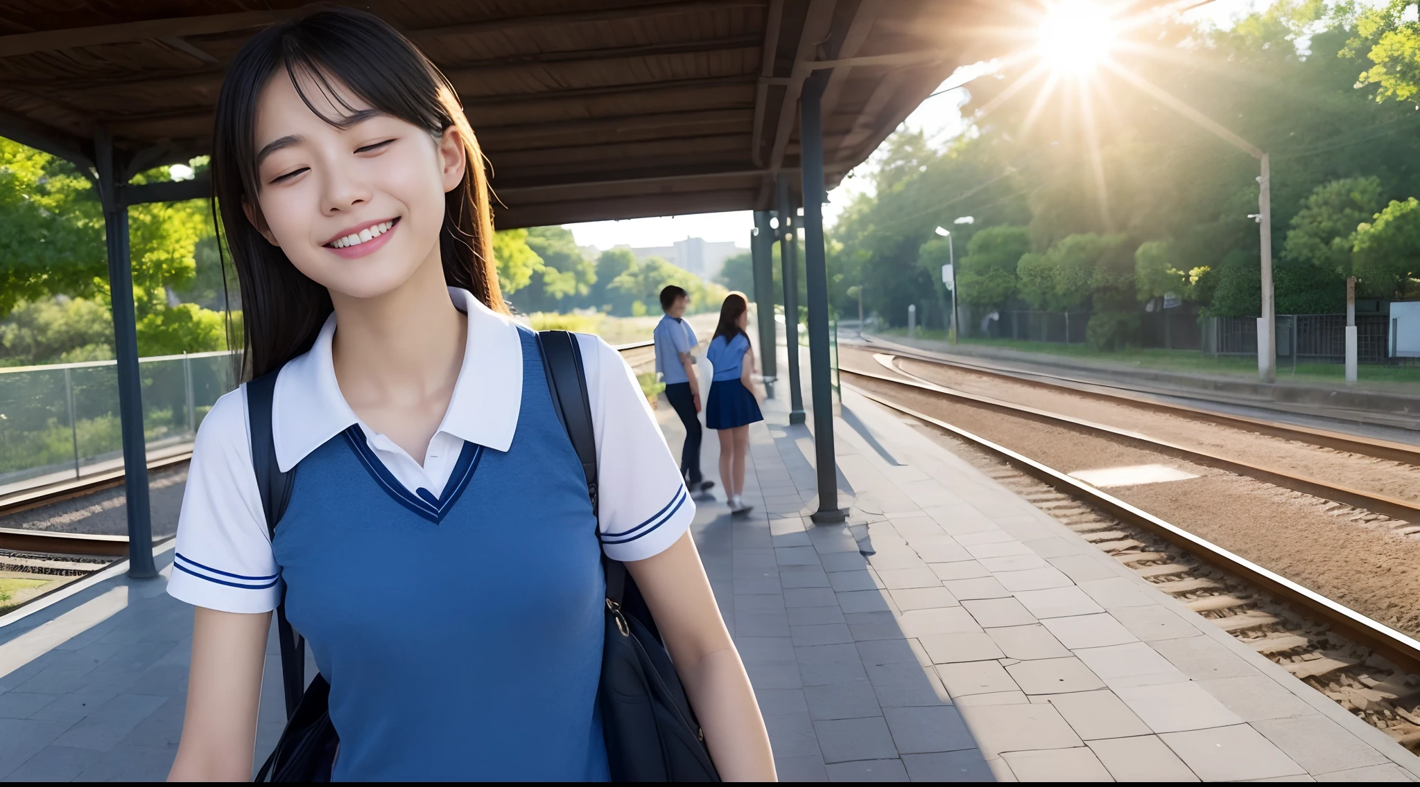 （17-year-old girl wearing summer short-sleeved school uniform1.3），Wait for the train at the station，There are vague passers-by behind it，Ultra-realistic real people，A hopeful smile，Extreme picture quality，Extreme light and shadow，Aurora chase，Extreme ambient light，bright sun，closing her eyes，Enjoy the sun，Sunlight shines on the face，8K，Premium ambient light，Extremely complex and intricate clothing textures，Exquisite facial features，Extremely complex and super delicate and clear eyeballs，（Perfect body 1.1）（Flat chest 1.1）（Perfect body proportions1.1）（Ultra-realistic street 1.3）（Bust close-up 1.3）