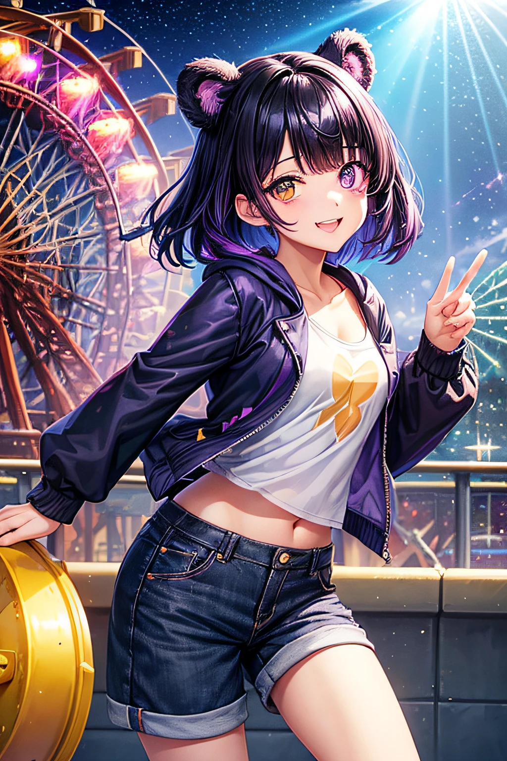 ((worst quality, low-quality)), ((Bear-eared chemomimi girl)), ((Black-haired berry berry short,Purple and blue inner colors)), (((Hair over one eye))), (Yellow and purple odd-eye), plump shiny lips, Beautiful clear eyes, (The best smile), Spoken Heart, Leaning forward, (Dynamic Pose:1.2), (Goth style clothes), (Shoulder less), (jaket), (shortpants), (Amusement Park Background), (rollercoaster), (the Ferris wheel), ((Shining sunlight)), (light Particle, light glow, llight rays:1.4), masutepiece,Best Quality,ultra-detailliert,