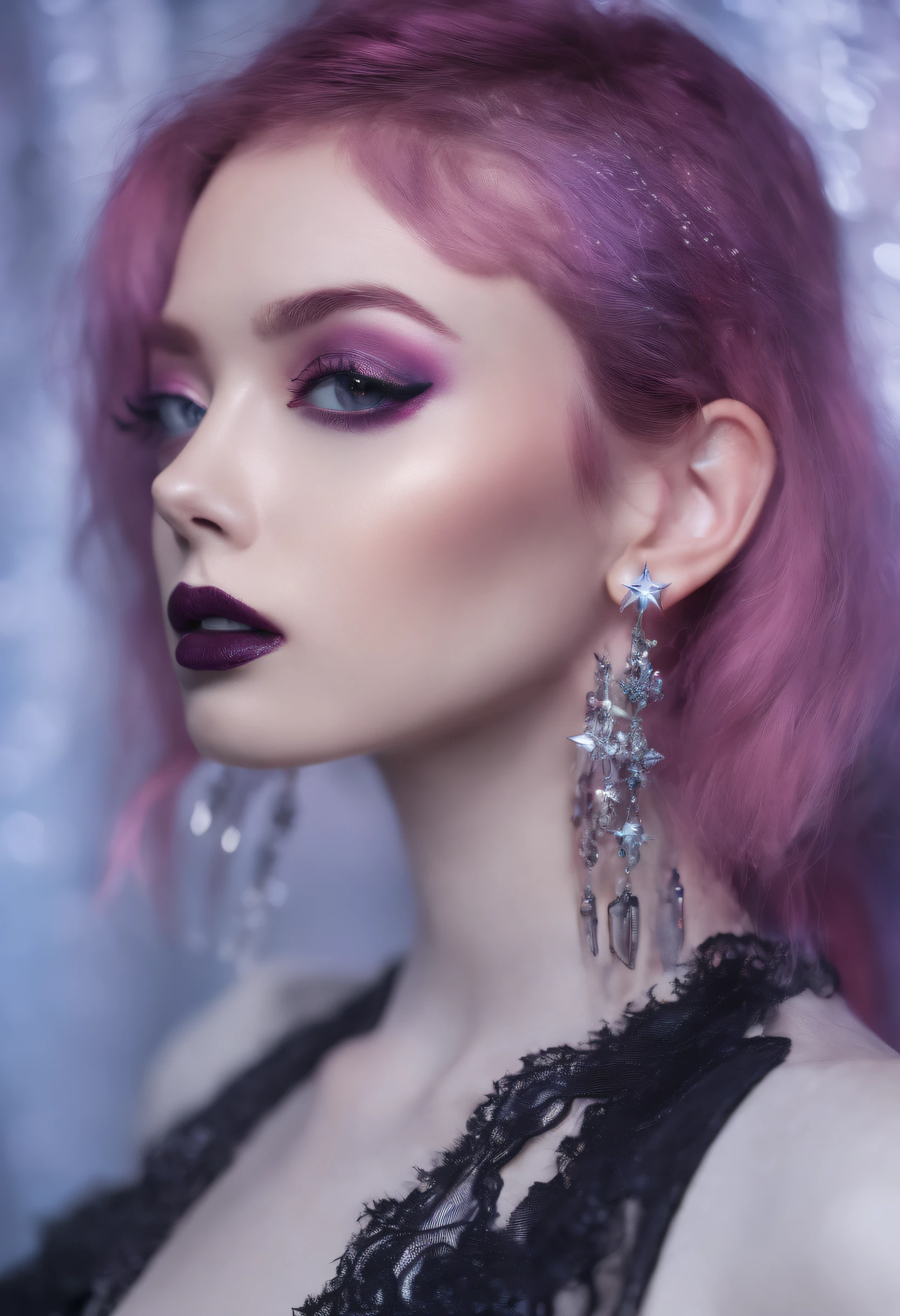 RAW photo of young English woman, color photograph, half length picture, close up portrait, ((a realistic photo of a beautiful young 18yo girl)), shadows, ((silver wing eyeliner)), (burgundy lipstick), ((pale iridescent skin)), dark eyes, leaning towards viewer, looking at viewer, sensual, erotic pose, smirk, shy, expressive hair, (dark pink hair), perfect facial features, perfect realistic skin, high quality, very detailed face, night, small breasts, futuristic model, gothic