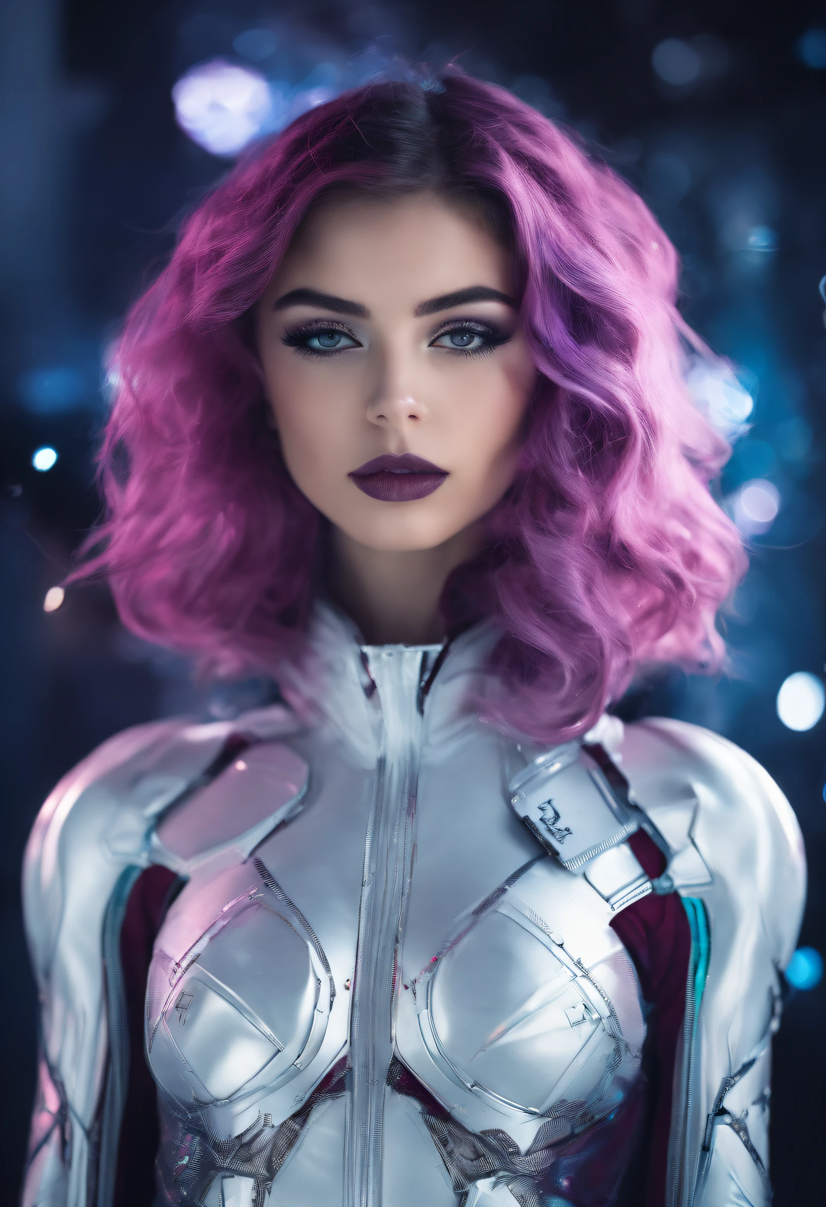 RAW photo of young English woman, color photograph, half length picture, close up portrait, ((a realistic photo of a beautiful young 18yo girl)), shadows, ((silver wing eyeliner)), (burgundy lipstick), ((pale iridescent skin)), dark eyes, leaning towards viewer, looking at viewer, sensual, erotic pose, smirk, shy, expressive hair, (dark pink hair), perfect facial features, perfect realistic skin, high quality, very detailed face, night, small breasts, futuristic model, gothic