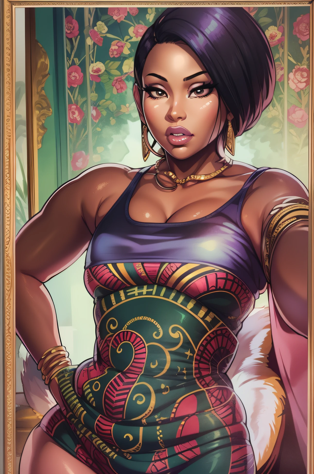 1girl, (Nicki Minaj) ((beautiful african-american woman))), brown skinned, puffy lips, painted lips, thick lips, wide hips, thick thighs, huge ass, erotic kiss face, Perky, shiny skin, selfie