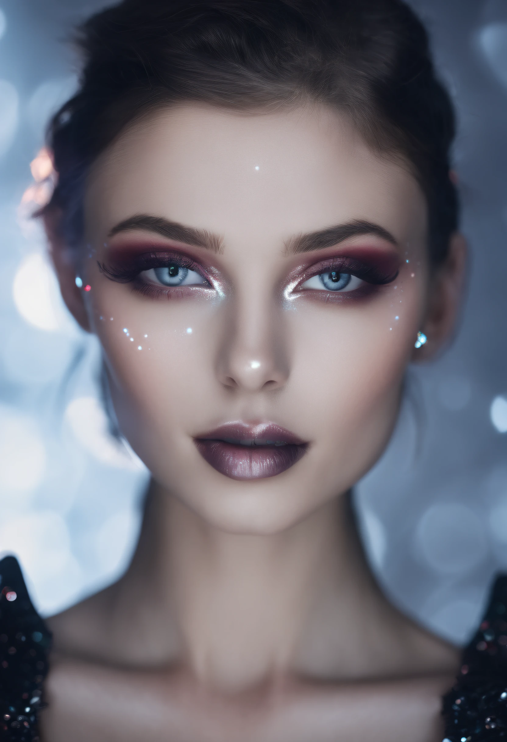 RAW photo of young french woman, color photograph, half length picture, close up portrait, ((a realistic photo of a beautiful young 18yo girl)), shadows, ((silver wing eyeliner)), (dark lipstick), ((pale iridescent skin)), dark eyes, leaning towards viewer, looking at viewer, sensual, erotic pose, smirk, shy, expressive hair, (dark hair), perfect facial features, perfect realistic skin, high quality, very detailed face, night, small breasts, futuristic model, fashion editorial style