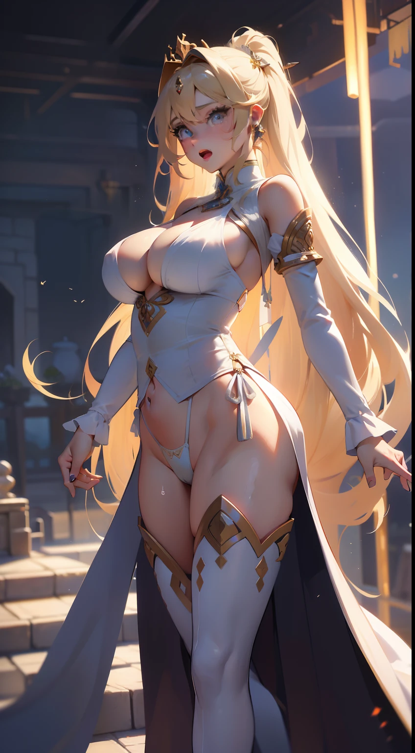 1female， old，Huge breasts， 独奏， ，Russian princess， trpical garden，palaces，White transparent court costume， Pornographic exposure，Exposure of bikinis，Skysky，the night，  She has long flowing blonde hair， Bare genitalia，Sateen，Bigchest， From the front side， Wet straight hair， Sweating profusely，mostly cloudy sky，（（（tmasterpiece），（Very detailed CG unity 8K wallpaper），best qualtiy，cinmatic lighting，detailed back ground，beatiful detailed eyes，Bright pupils，（Very fine and beautiful），（Beautiful and detailed eye description），ultra - detailed，tmasterpiece，）），facing at camera，A high resolution，ultra - detailed），climaxing，Very long hair，legs are open，Emotive expressions，Open-mouthed，Chest sagging，nakeness， Bulge，Expose the genitals，revealing breasts，Camel toes，with no underpants，extremely large bosom，Extremely colorful，Most detailed，fully body photo，The face is well lit